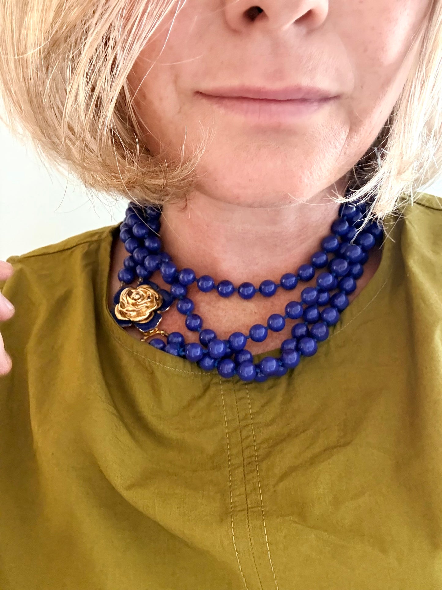 .100cm long .1980s Rare Yves Saint Laurent designer double long strand Lapis Blue Royal Blue Rose Flower gold tone floral clasp costume accent necklace