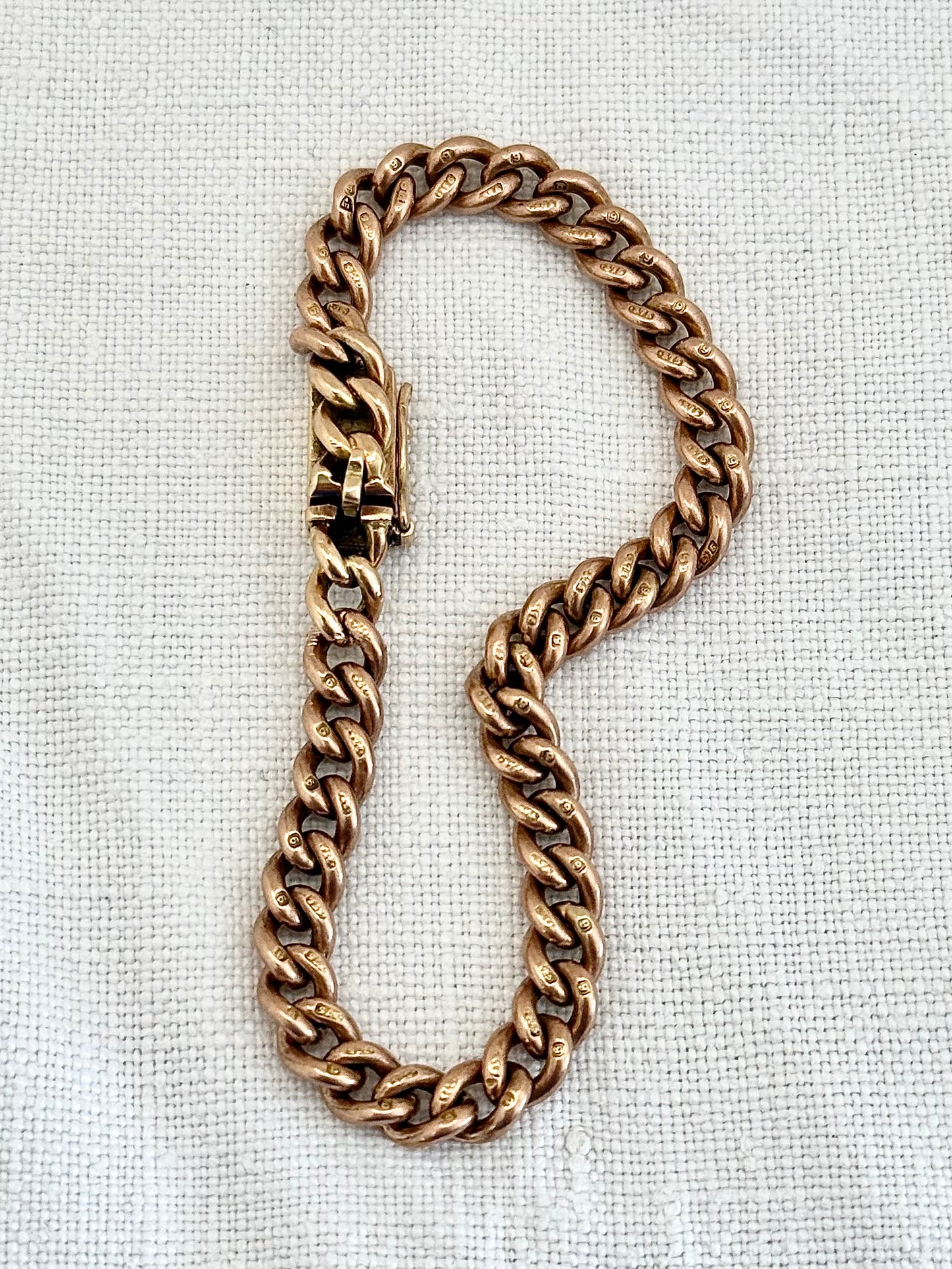 .1900s .375 9ct antique heirloom gold chunky solid weighted warm Rose Gold English 9ct gold hallmarked curb chain fob chain box clasp bracelet