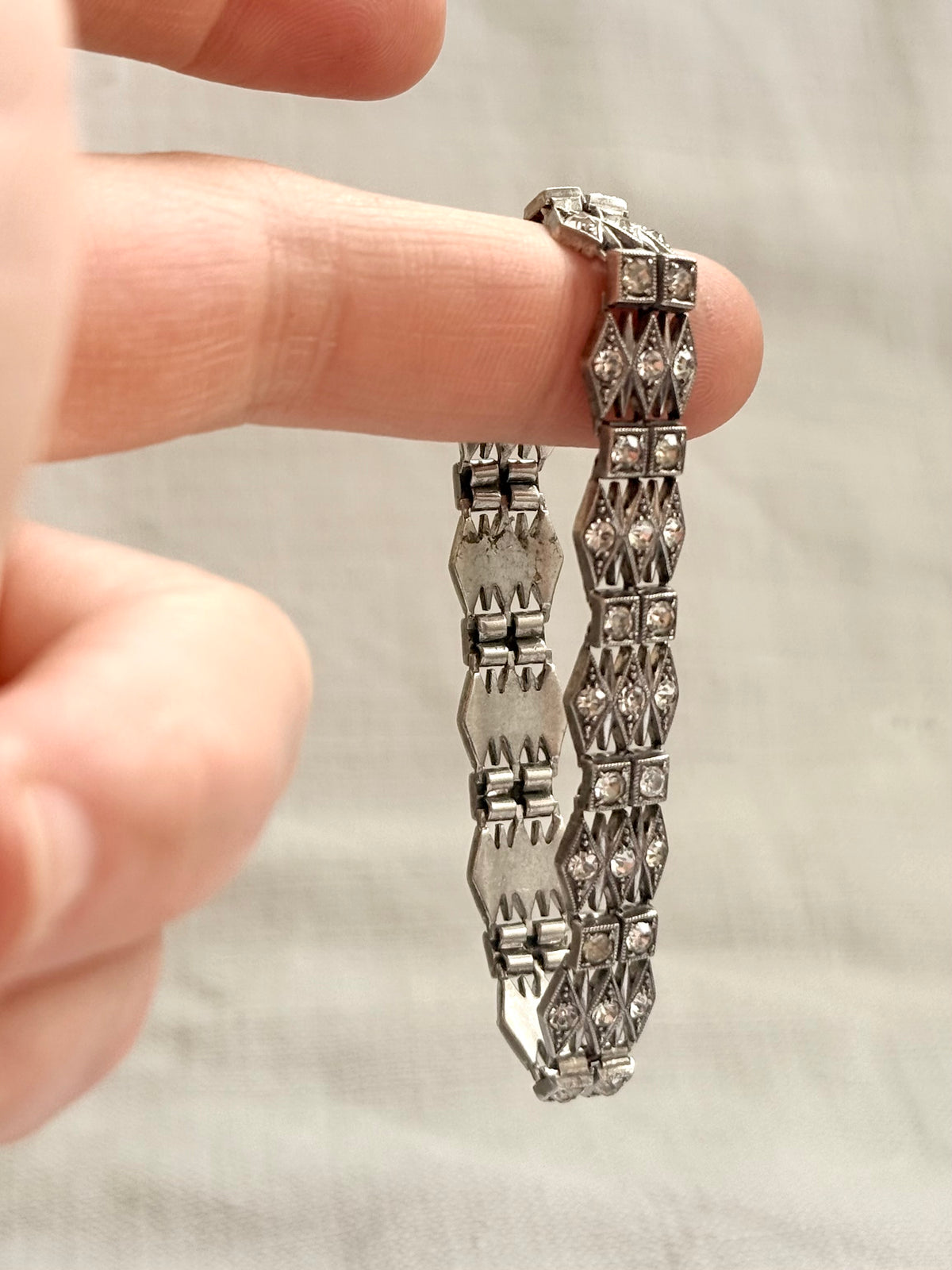 .1930s .1940s .925 Art Deco style diamond paste stone triple fancy link tennis style sterling silver tennis clasp bracelet