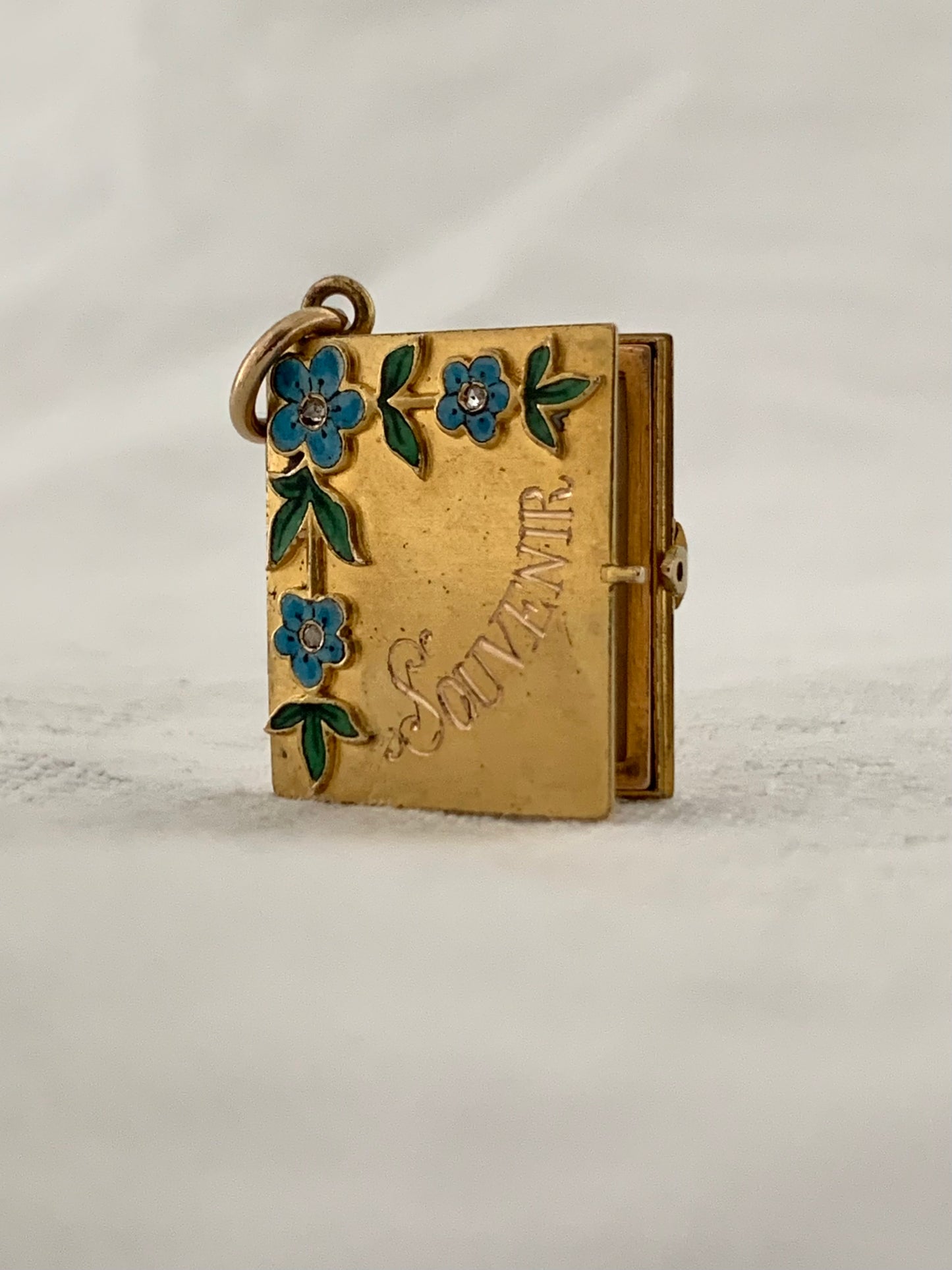 .14ct .585ct 1880s 1900s antique rare solid 14ct gold Diamond and enamel rare Forget me Not flowers French Souvenir Diamond book photo locket sentiment booklet pendant