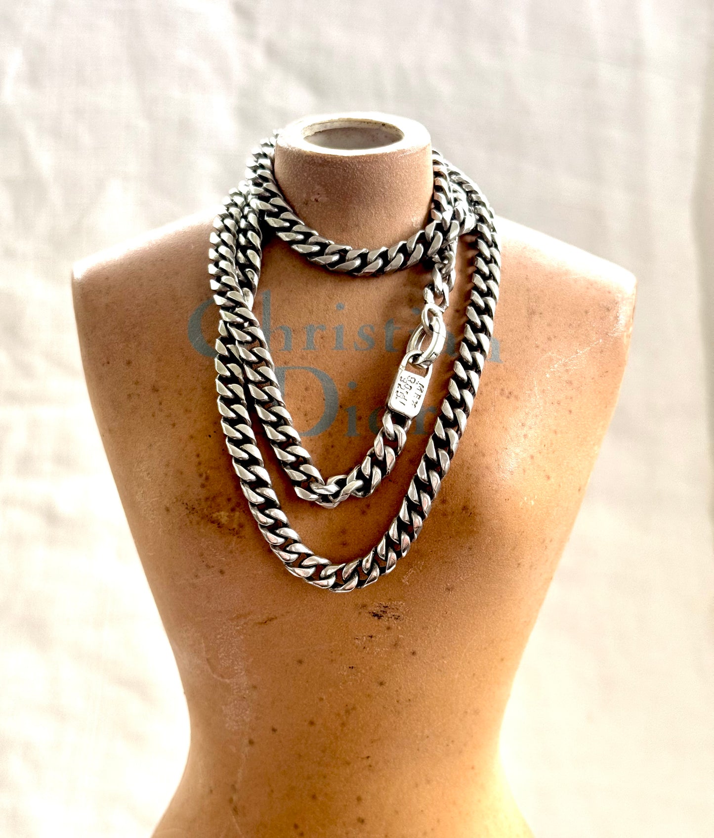 .1950s .1960s .925 chunky Mexican Modernist chunky solid sterling silver fancy form curb chain necklace with oval extender clasp fitting
