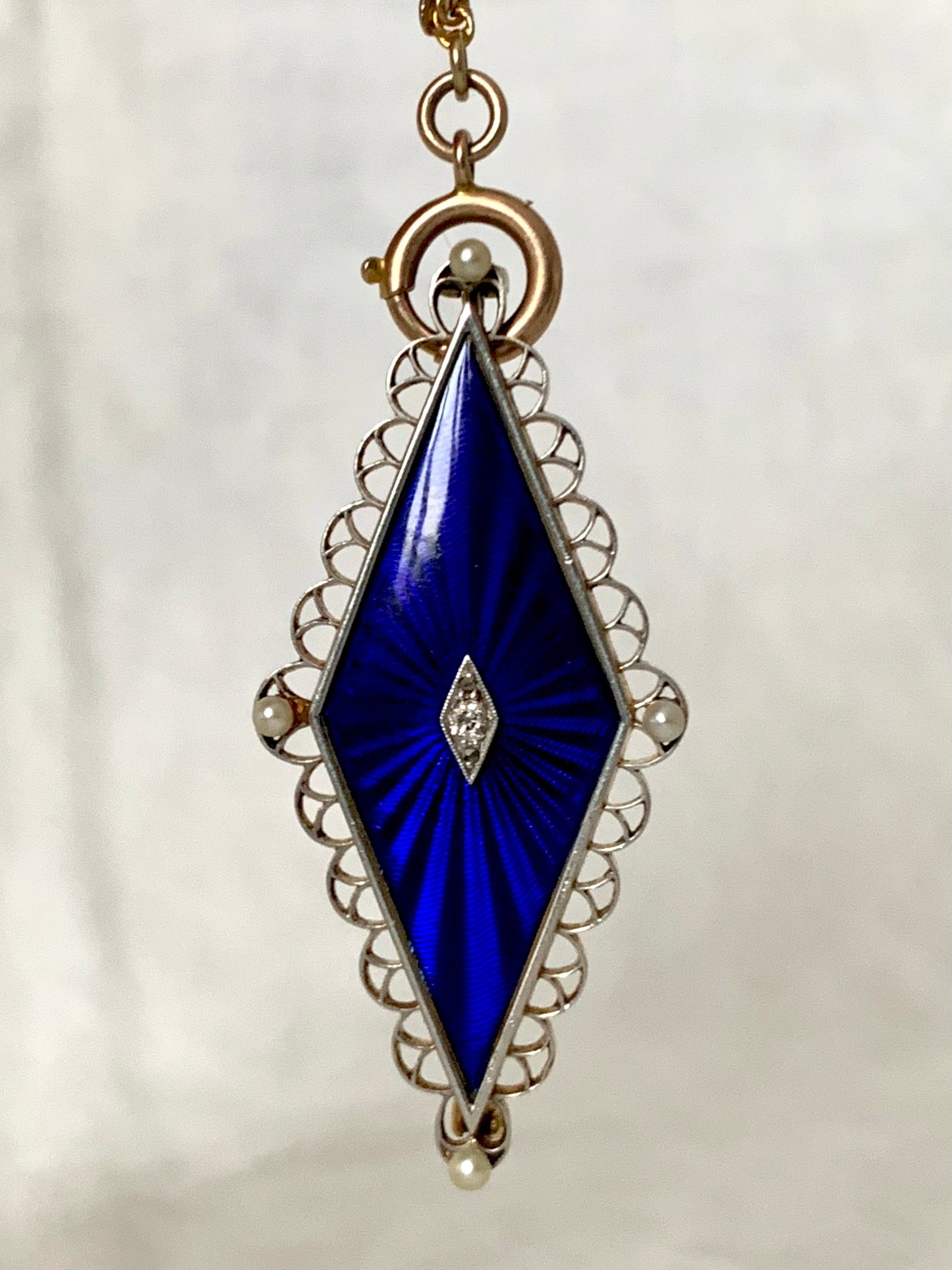 .585 14ct 1900s antique 3 diamond 4 pearl celestial star Art Nouveau Edwardian royal blue guilloché enamel, diamonds, pearl collectors item rare treasured brooch