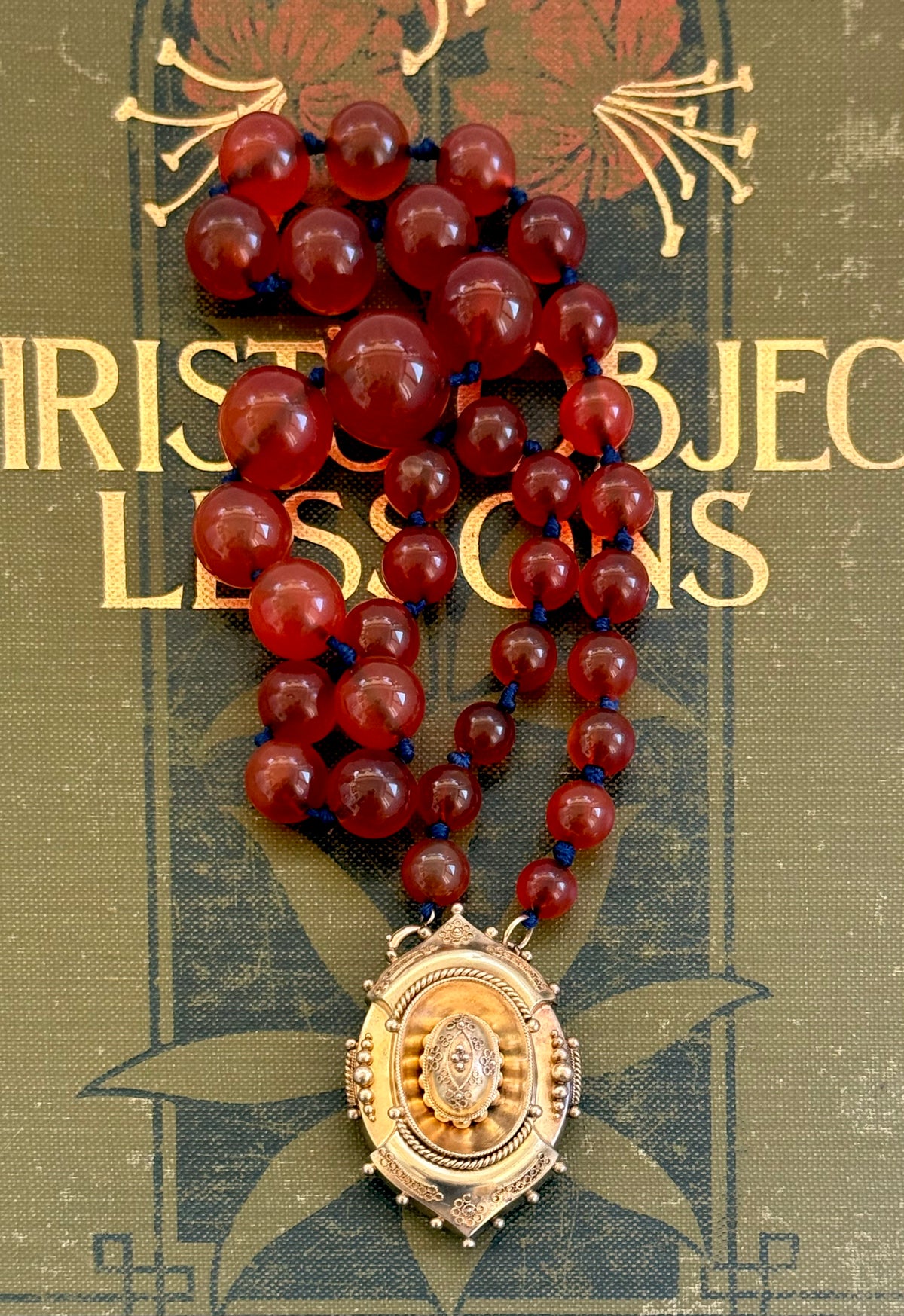 .1800s .375 .9ct gold Antique decorative fine Etruscan revival Victorian ornate gold oval pendant on luxury Carnelian bead graduated gemstone necklace setting