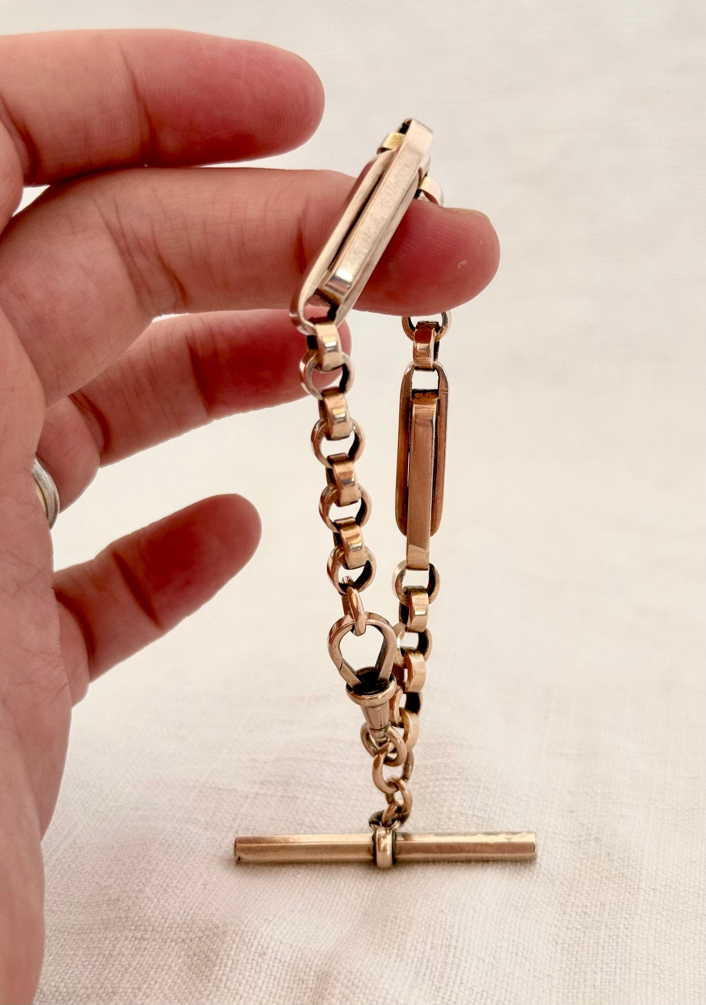 .1890s .1900s .9ct antique chunky gold fancy link double paper clip link fob chain with oversized T bar bracelet