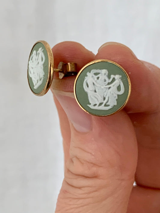 .1970s .375 .9ct gold Wedgwood green Jasperware Three Graces dancing Grecian ladies Cameo ceramic post stud earrings
