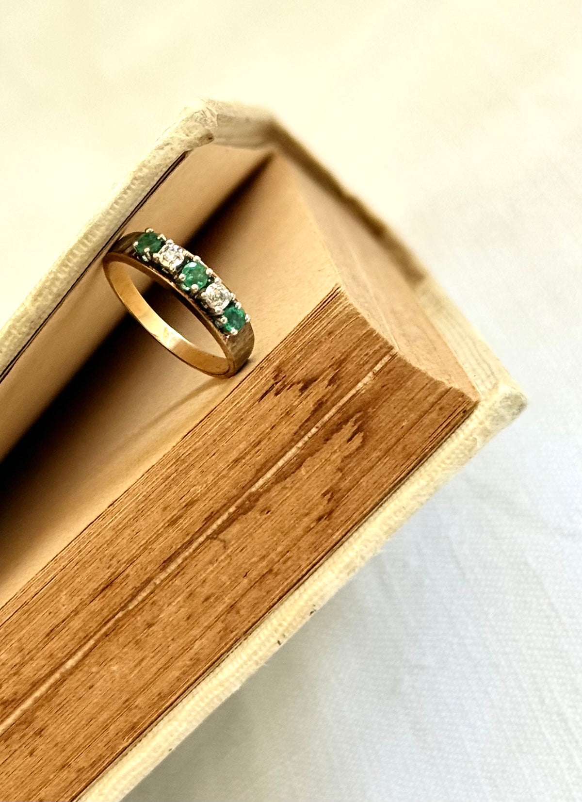 14k .1960s .1970s 3 Emeralds 2 Diamonds 5 precious gemstones high carat modernist brutalist half eternity ring band