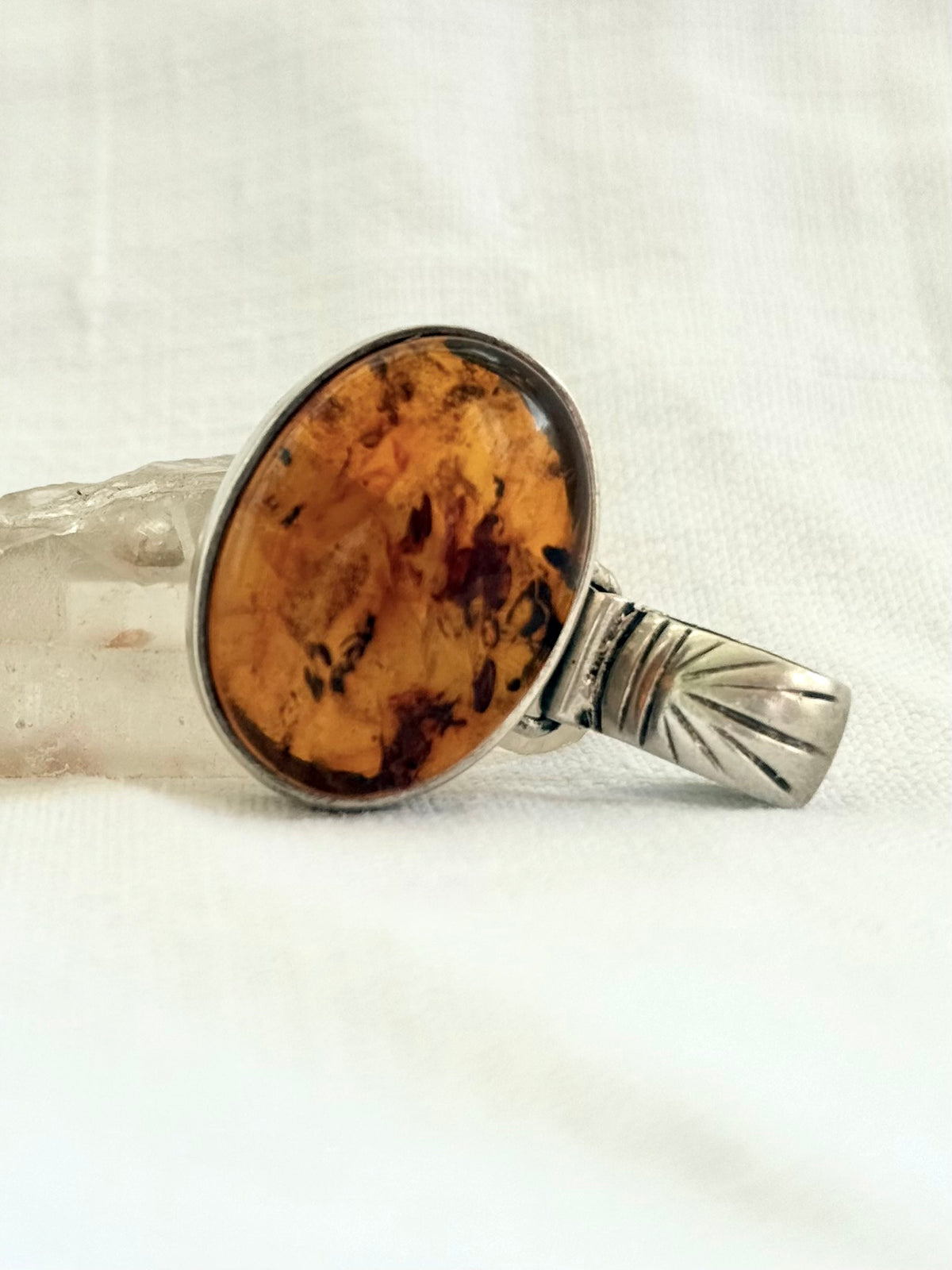 .925 Amber gemstone Artisan made modernist geometric shaped boho tribal style large Amber gemstone silver pendant