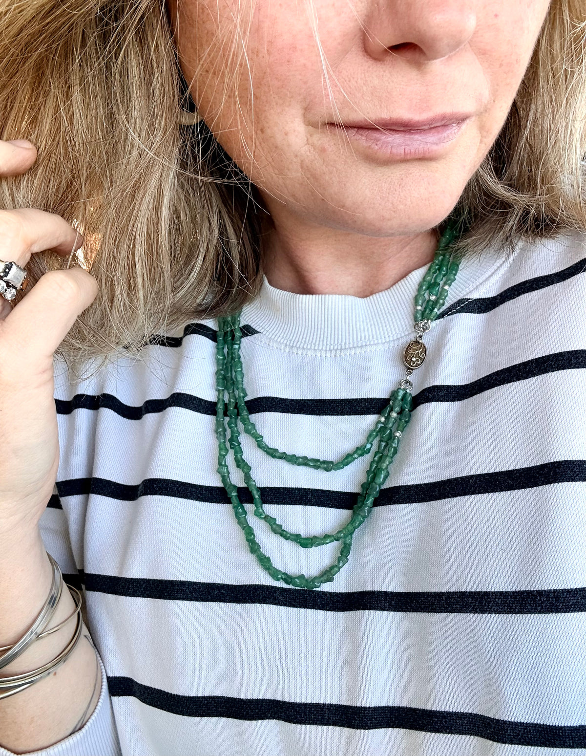 .1920s .1930s .1940s Chinese Aventurine “old Jade” Multi strand hand carved silver bamboo link export silver box clasp collectors necklace