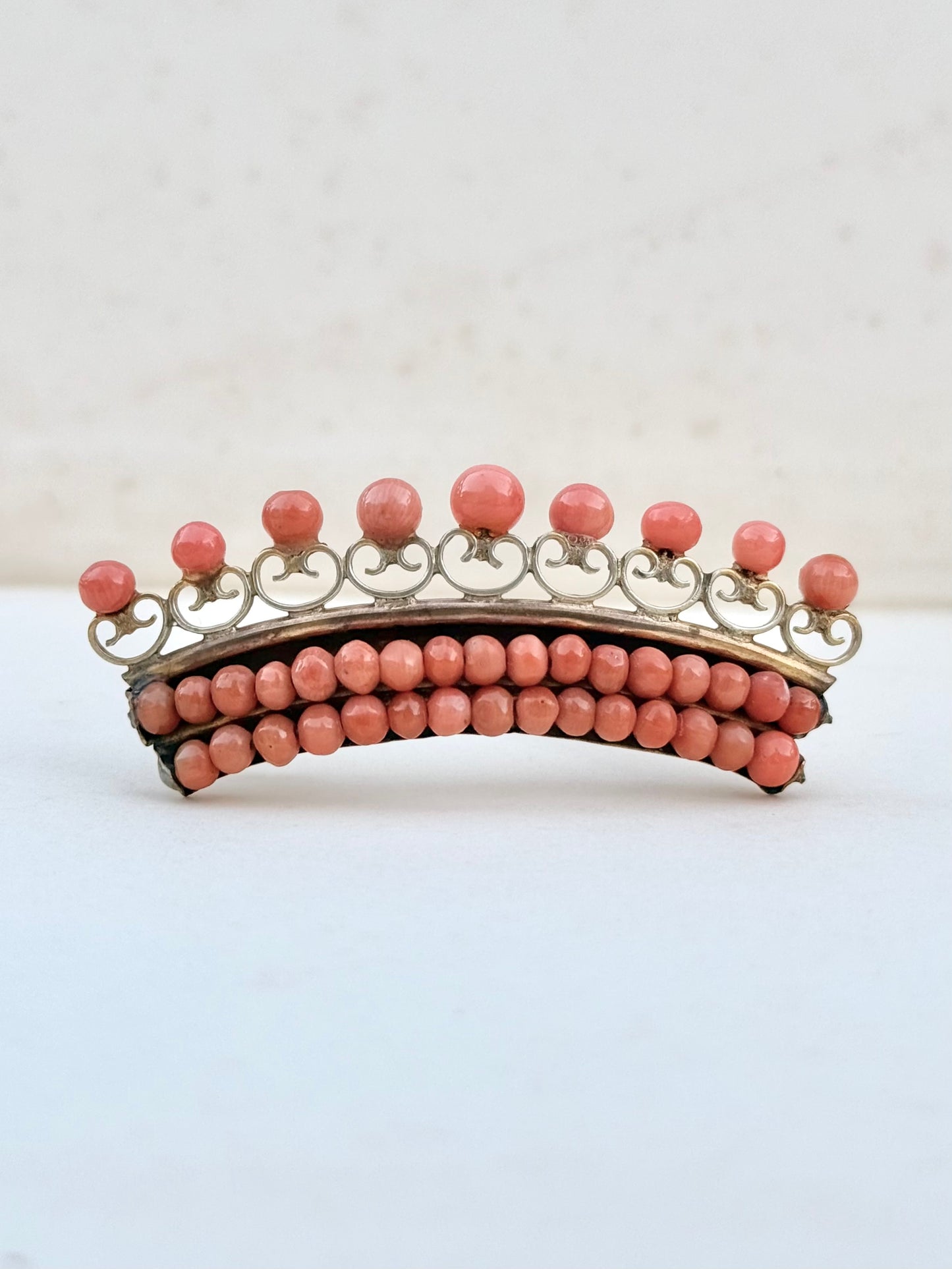 .1800s 19th century antique Salmon Coral Crown Tiara gold tone brooch pin
