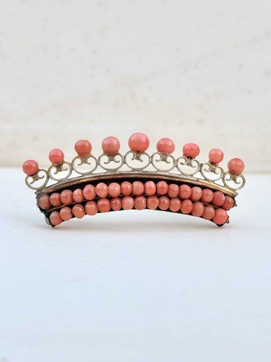 .1800s 19th century antique Salmon Coral Crown Tiara gold tone brooch pin