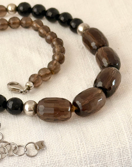 .925 Smokey Quartz and Onyx gemstone luxury Birmingham silver hallmarked faceted bead necklace