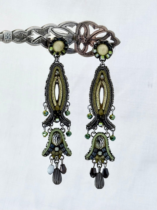Ayala Bar Designer forest green silver and gold hand made Indigo designer range drop chandelier artisan earrings