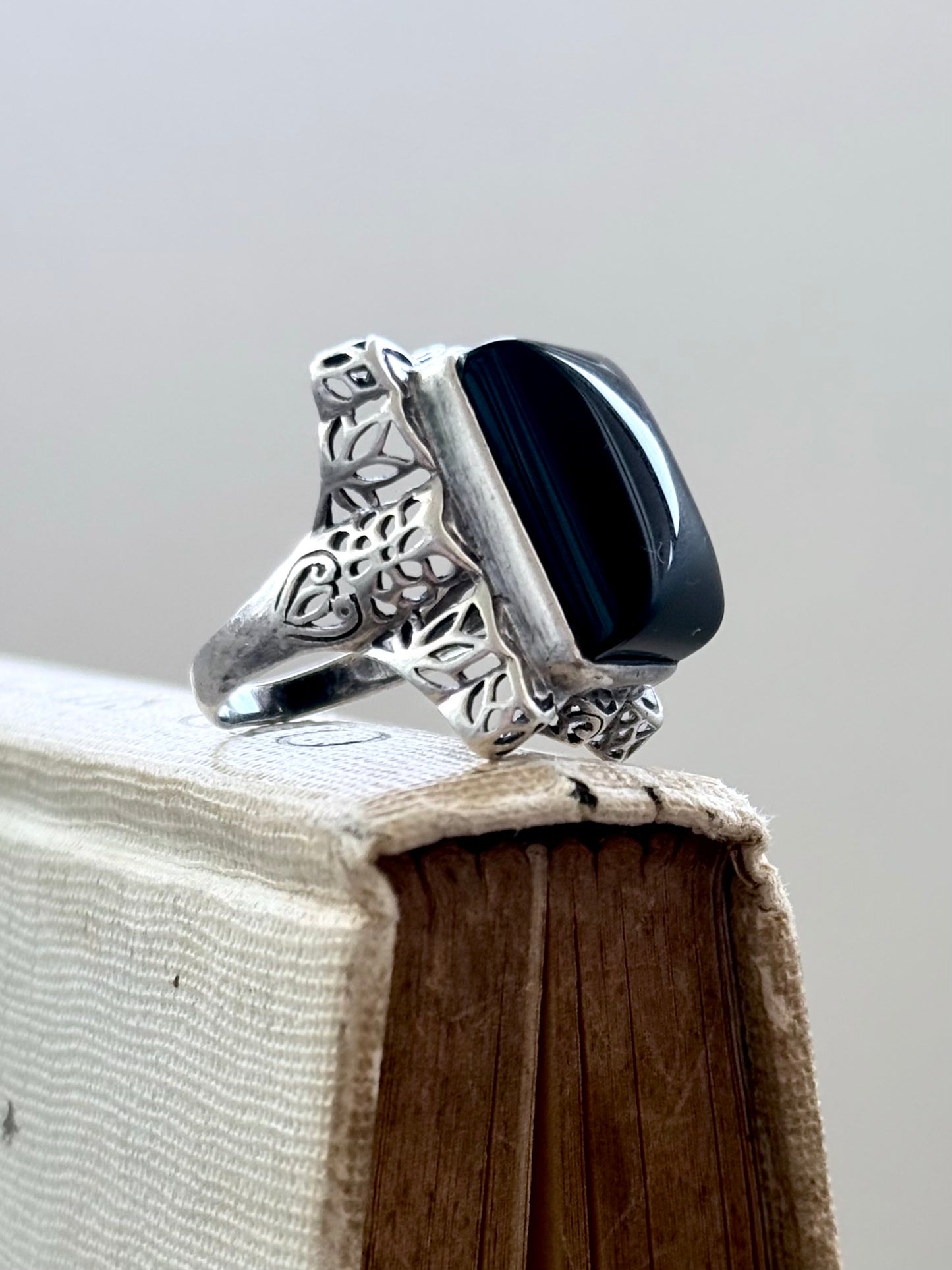 .925 artisan made large black Onyx cushion cut gemstone sterling silver lace cut statement dress cocktail ring