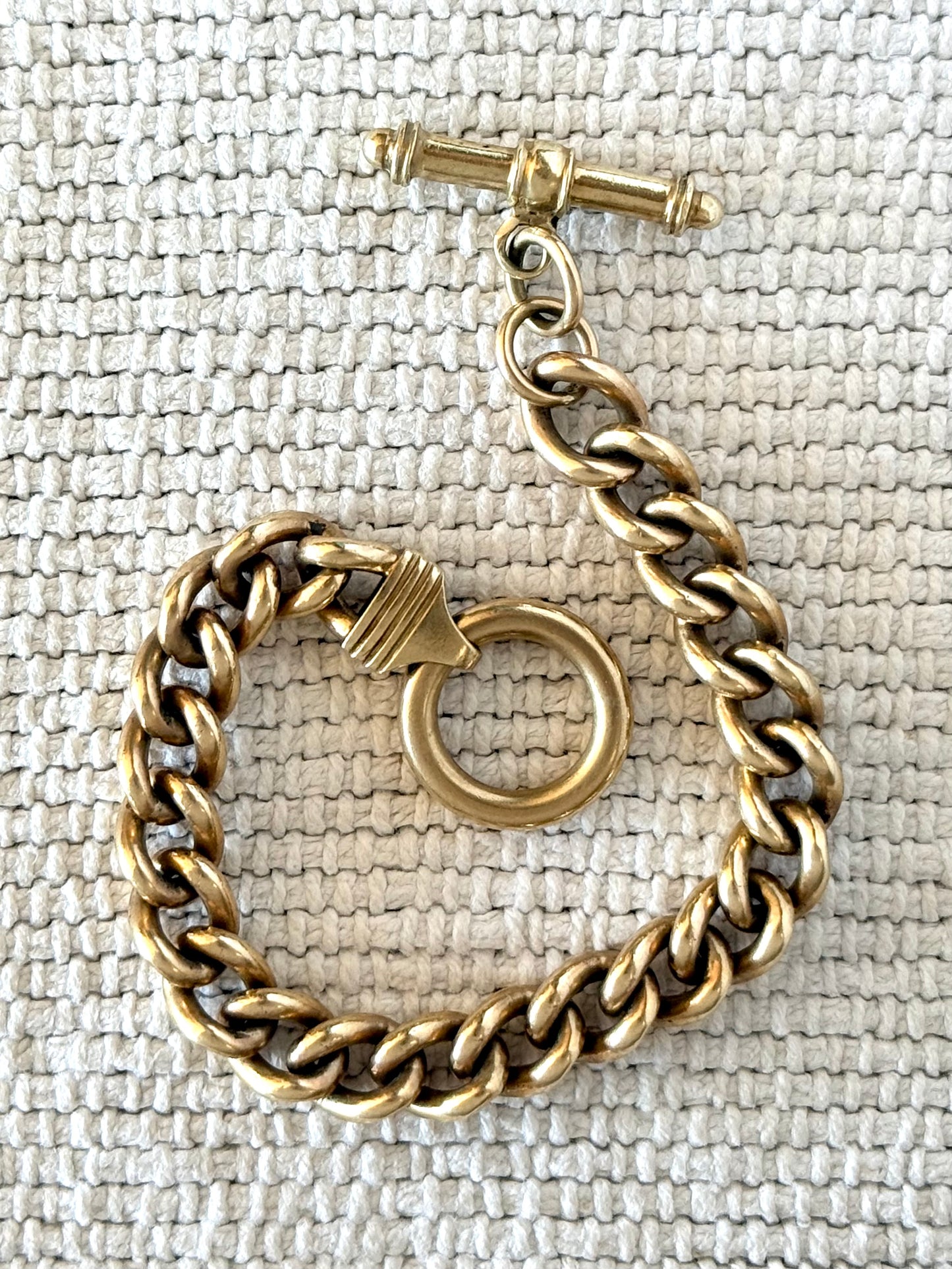 .375 .9ct yellow gold modernist chunky gold solid and heavy gold wide link t-bar toggle chunky fob chain curb bracelet