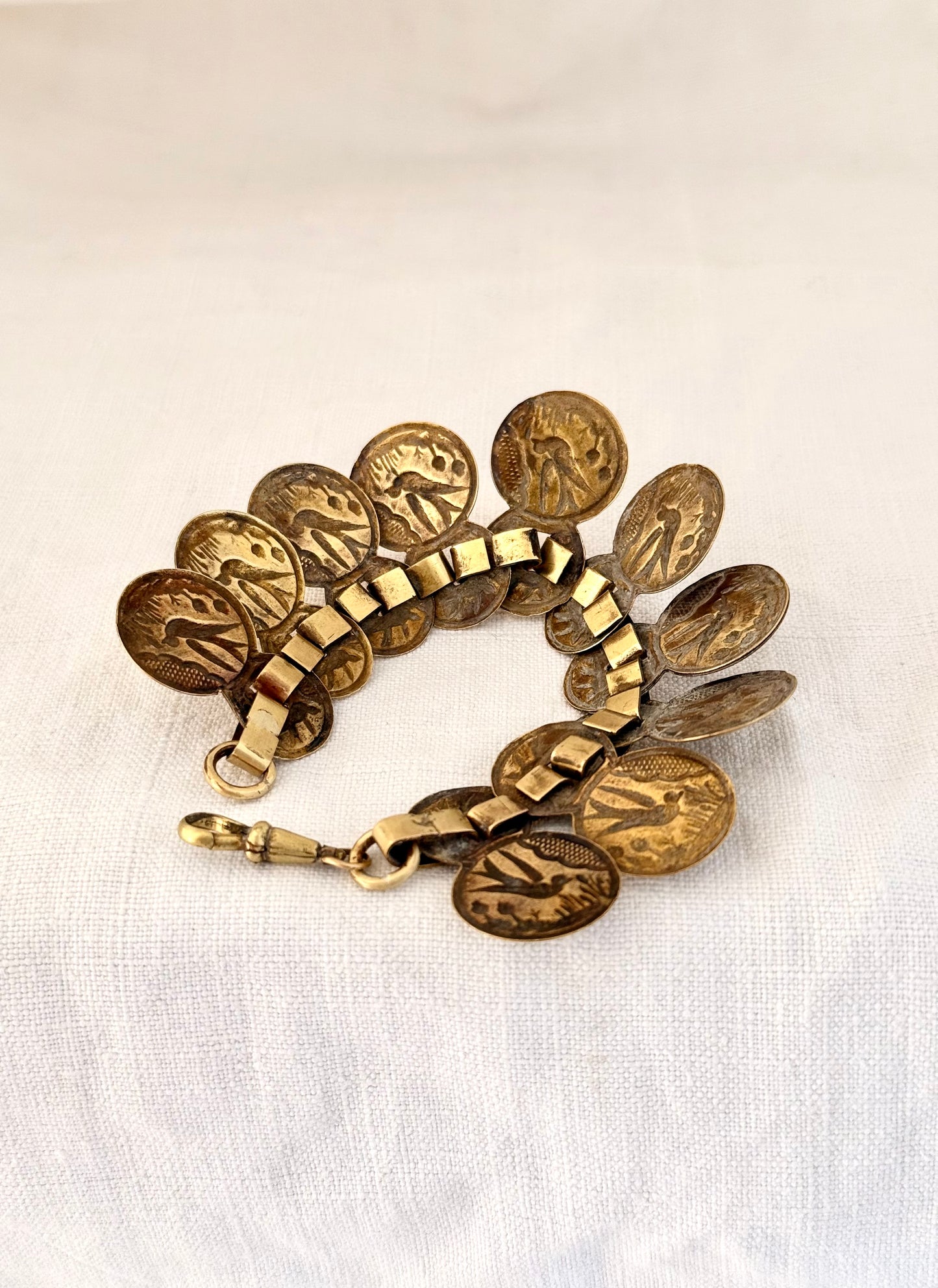 .1880s antique aesthetic movement book link Victorian Gold tone brass Swallow and Swift Sweetheart panel bracelet