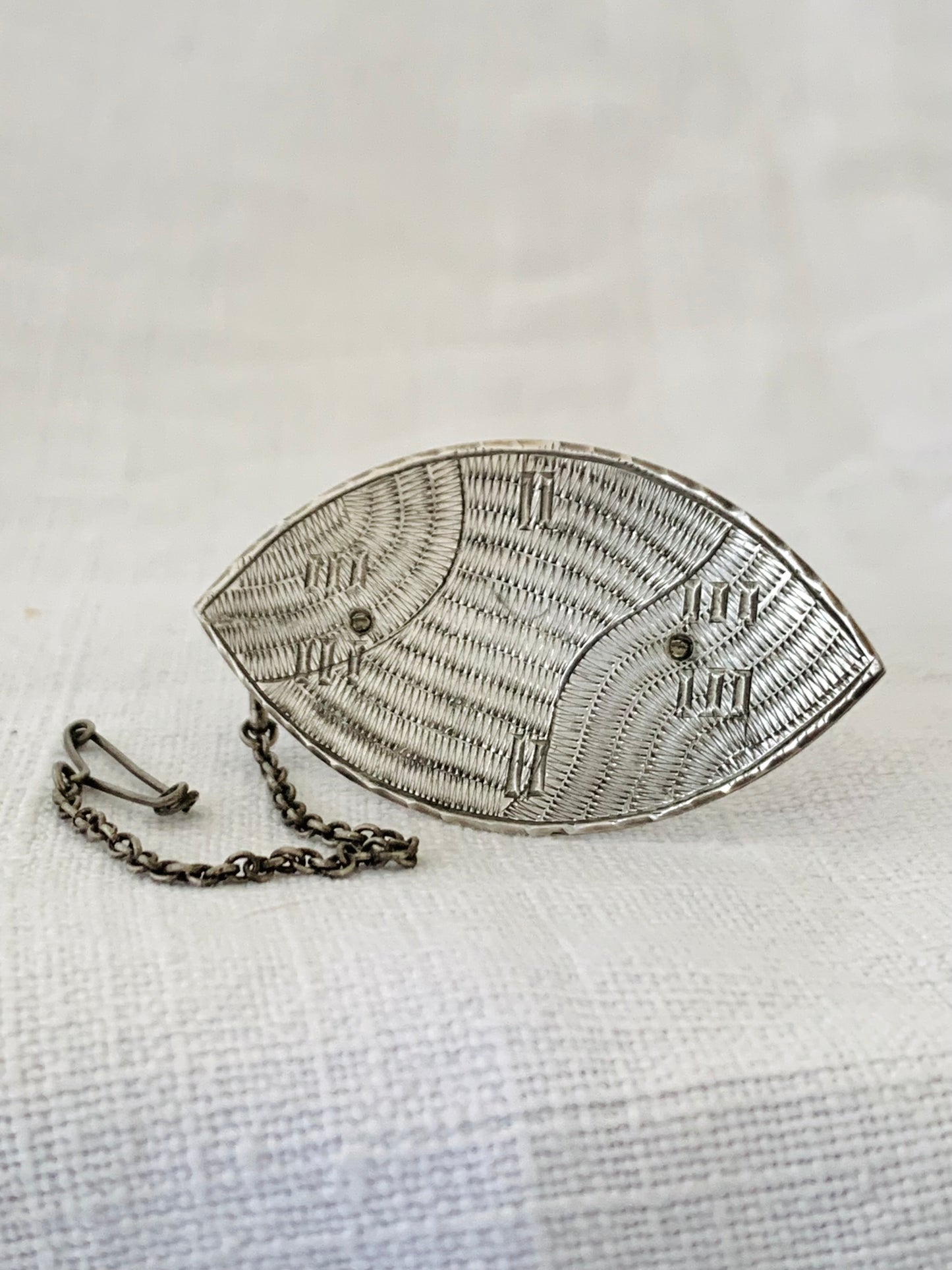 .925 1950s 1960s artisan made modernist tribal shield hand engraved hand made ellipse shape ethnic style shield brooch