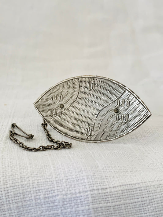 .925 1950s 1960s artisan made modernist tribal shield hand engraved hand made ellipse shape ethnic style shield brooch