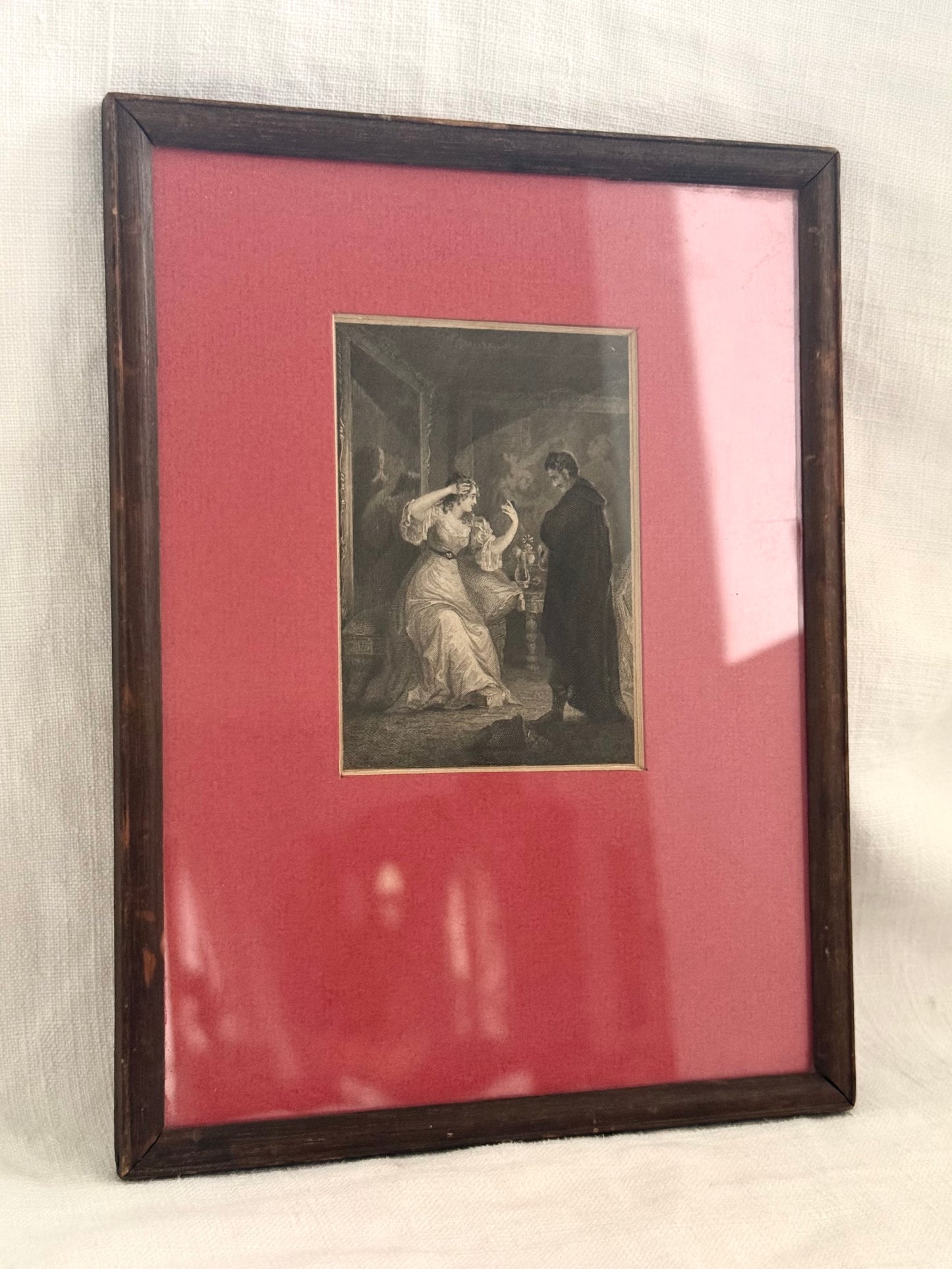 .1800s .1850s antique bookplate steel engraving framed Romantic Gothic literature scene depiction