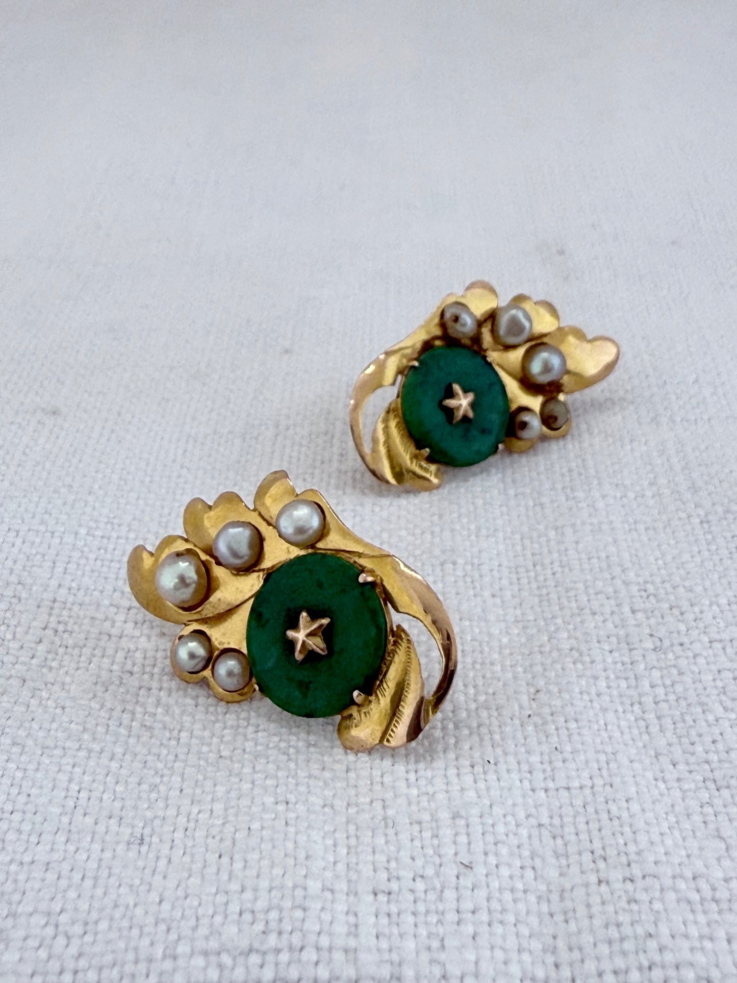 .14ct .1920s Apple Green Art Deco era Chinese Jade and pearl high yellow carat gold leaf earring with Apple green Jadeite star set seed pearl Chinese 1920s era antique high carat gold post stud earrings