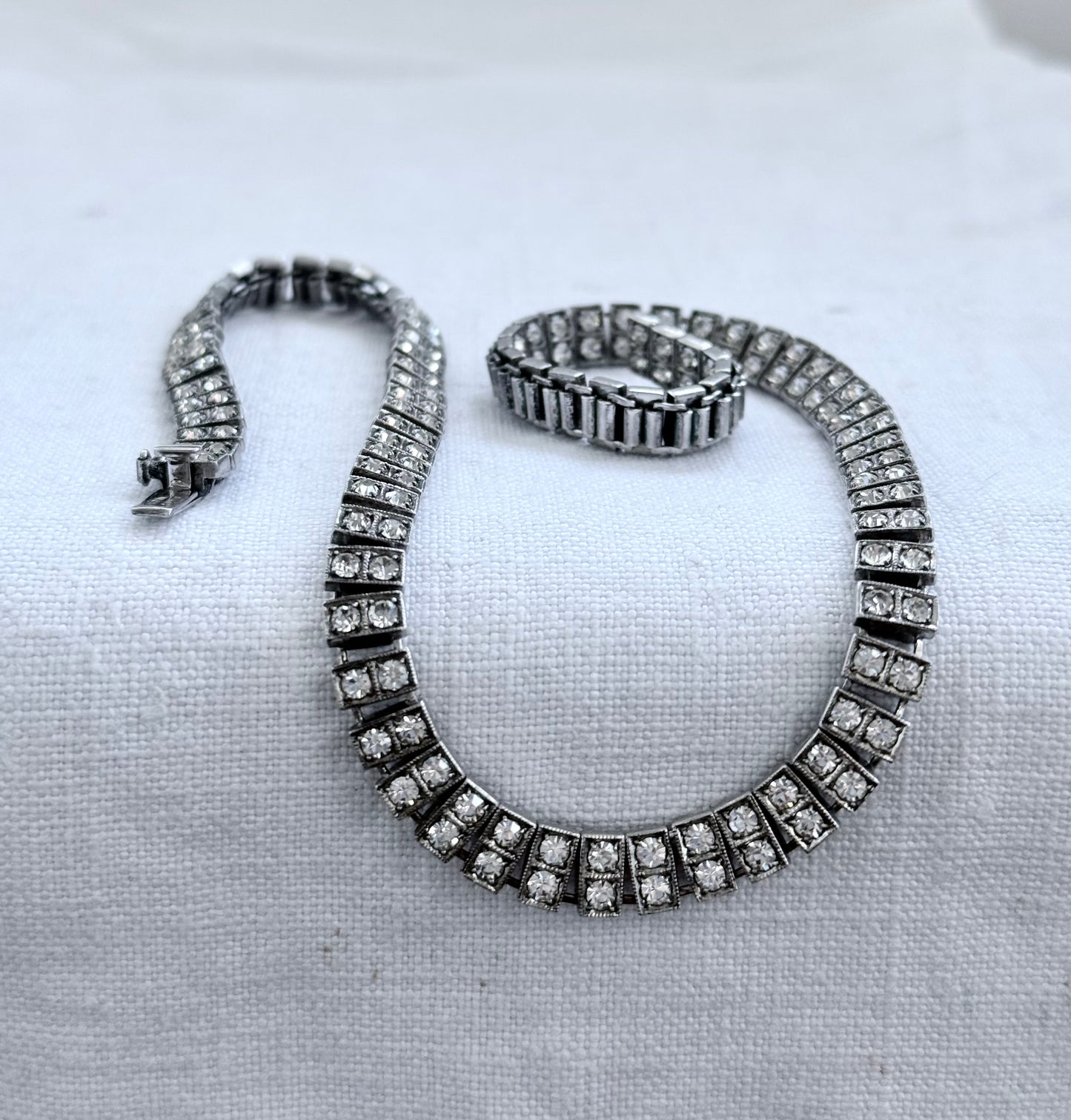.1930s .1940s .925 Art Deco style double paste stone tennis style sterling silver choker necklace