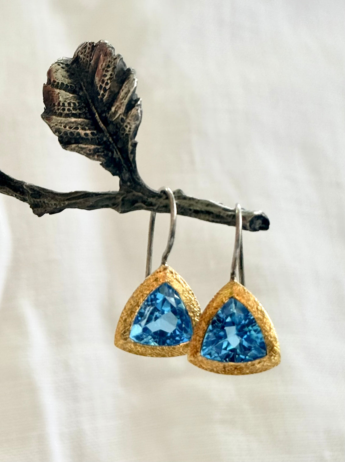 .24k yellow gold 925 silver ANPA artisan made Swiss Blue Topaz Trillion gold silver studio made drop dangle earrings