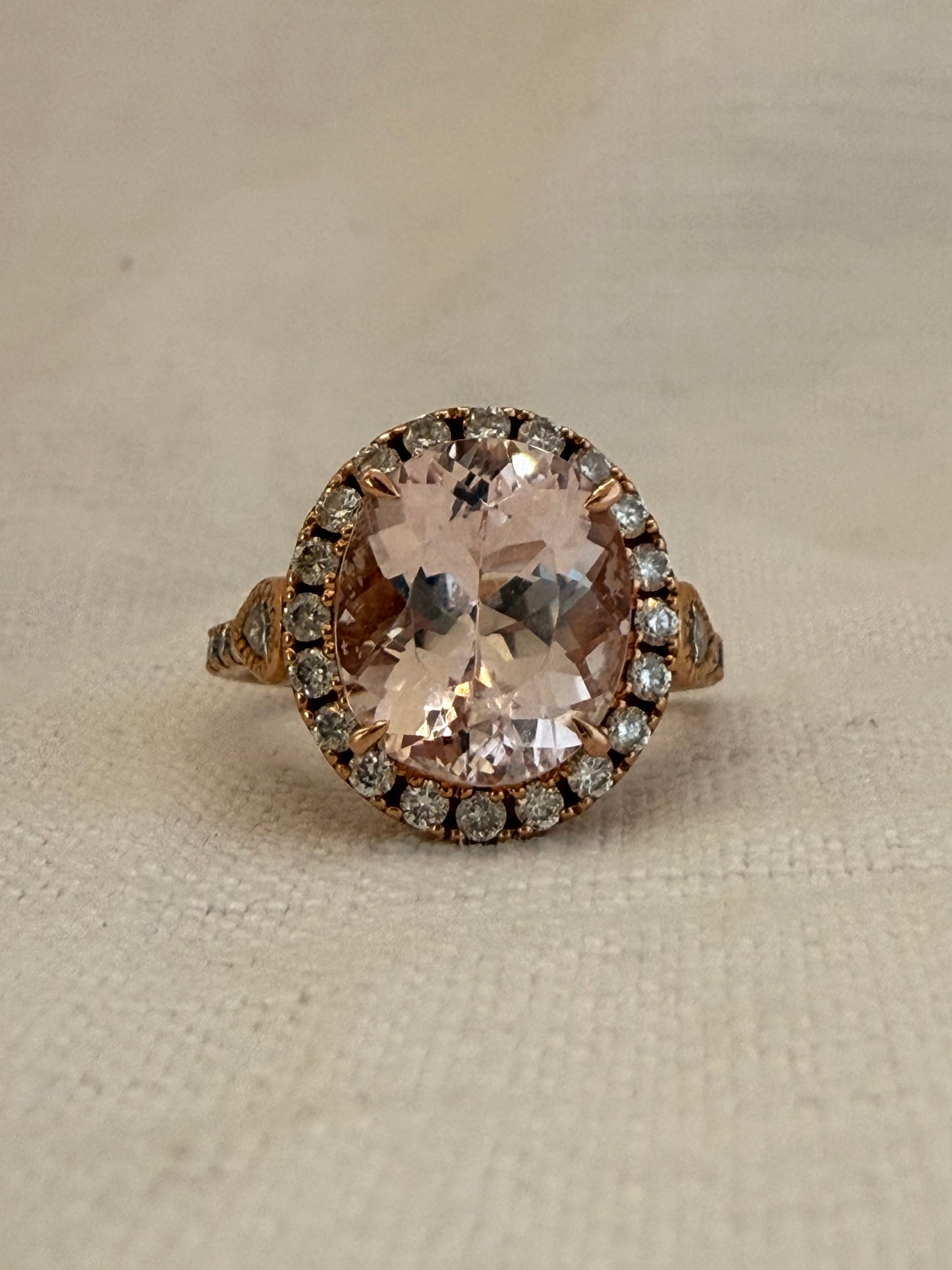 0.85ct 30 Diamond and Browns designer large Oval Pink Morganite gemstone 18ct luxury gold halo ring