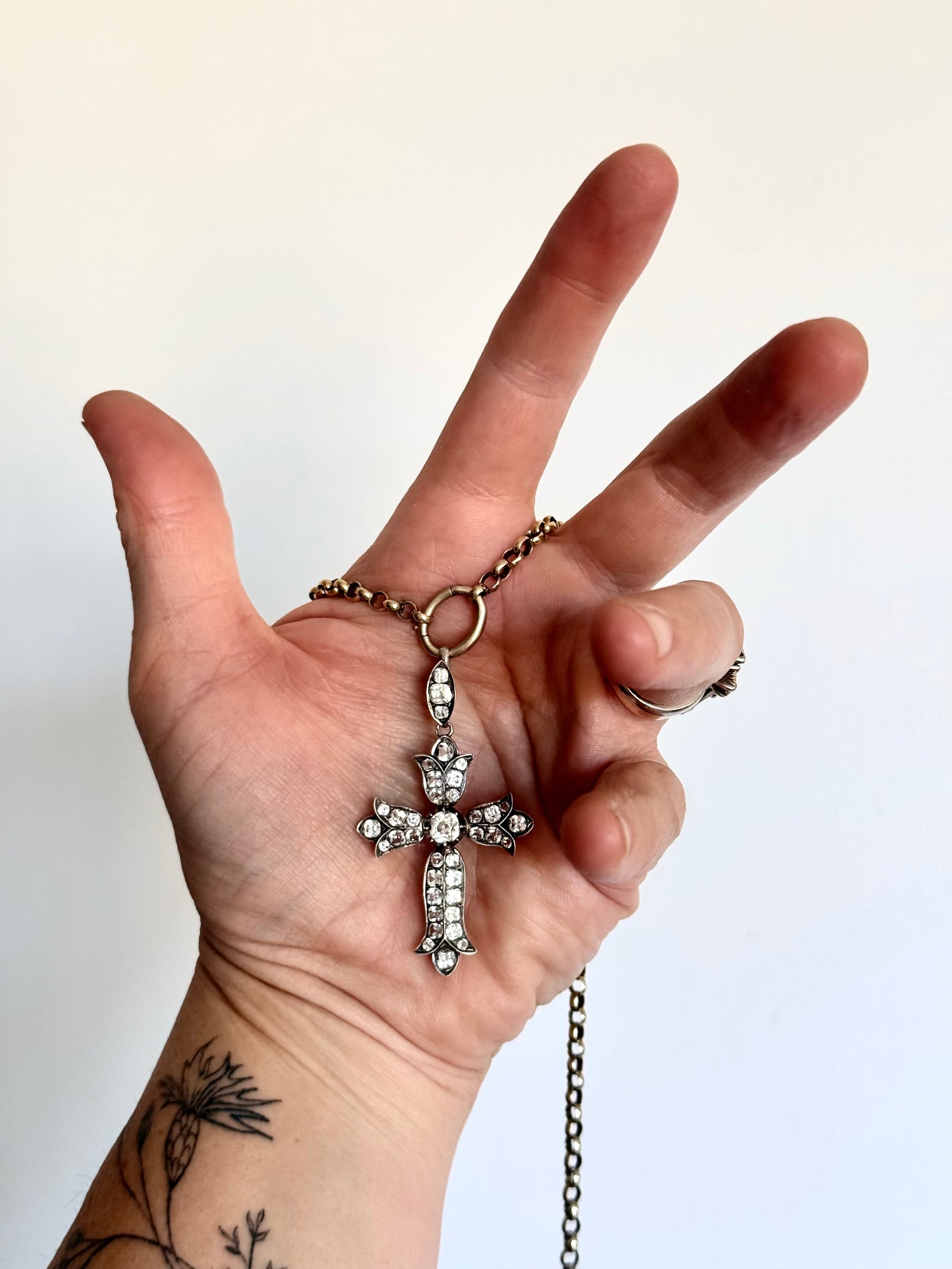 .1860s .1870s antique French silver collectors treasure Fleur de Lis Rock Crystal cross pendant