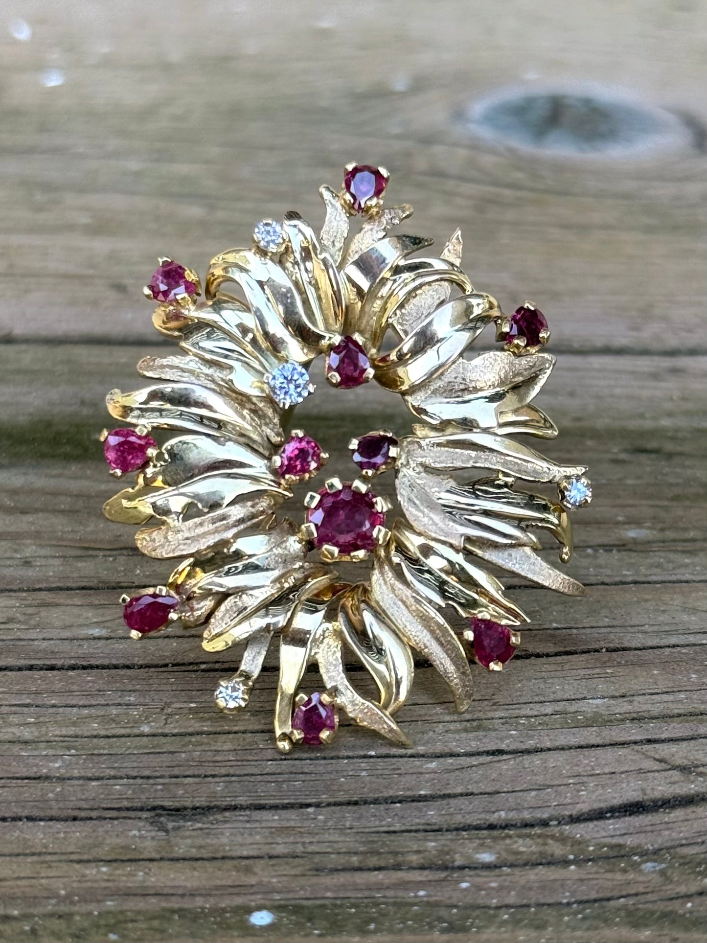 .1960s .1970s .375 gold modernist Diamond and Ruby gemstone heirloom Edelweiss flower spray brooch pin