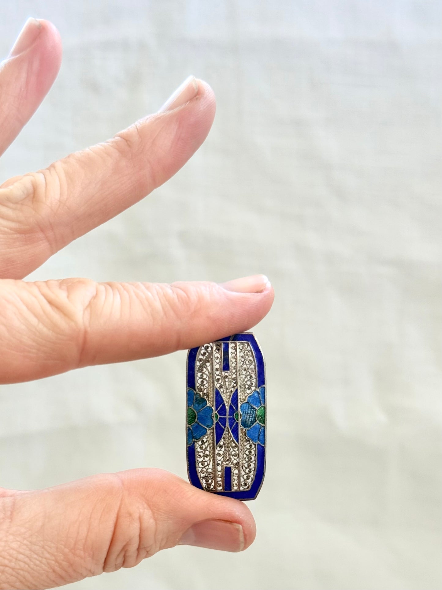 .1920s .1930s Art Deco era Portuguese Enamel and fine silver filigree flower rectangular sweetheart brooch