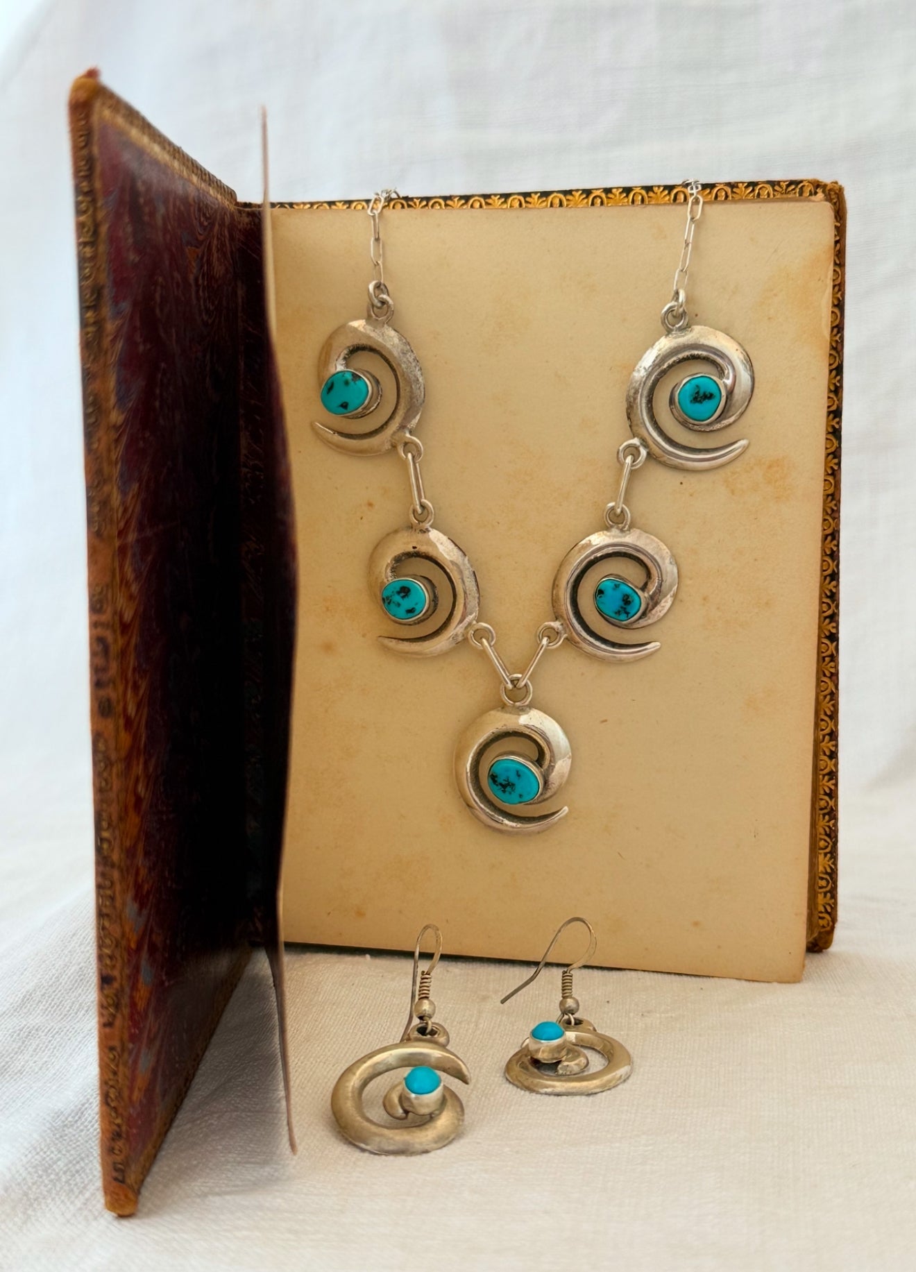 .1970s .925 artisan made Navajo silversmith turquoise silver swirl pattern necklace and designer Mildred Parkhurst earring set