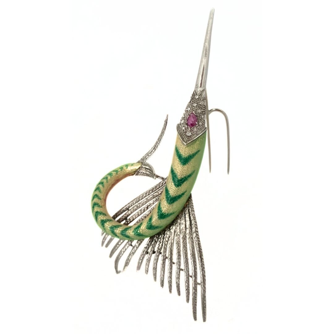 .1940s .18ct .750 high carat Swordfish Diamond, fine Enamel and Ruby Marlin Fish artisan made 750 18k gold dress brooch