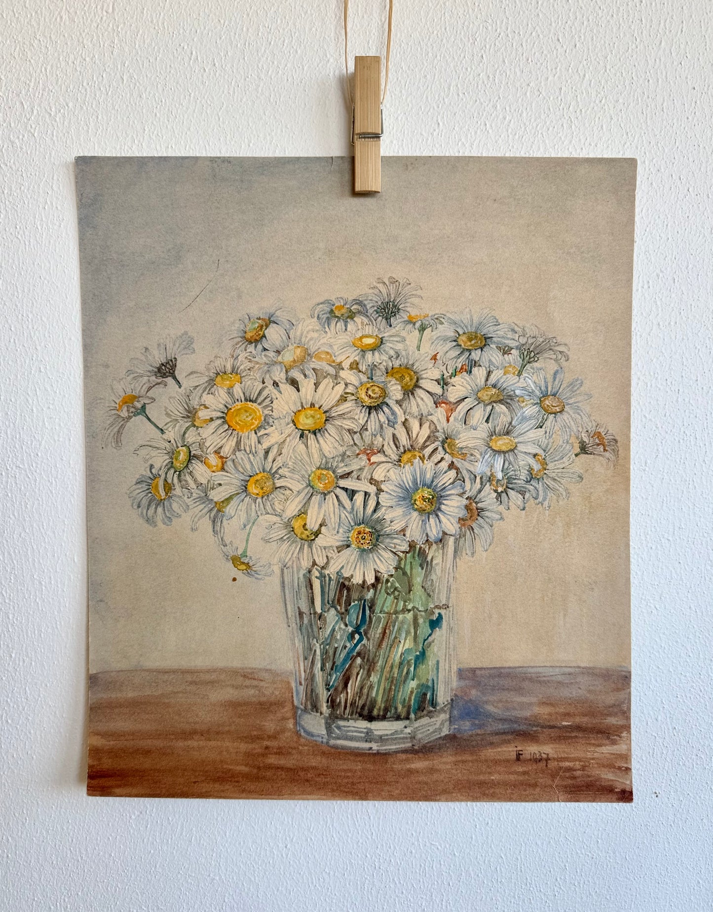 .1937 artist signed watercolour still life Daisies artwork art