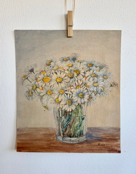.1937 artist signed watercolour still life Daisies artwork art