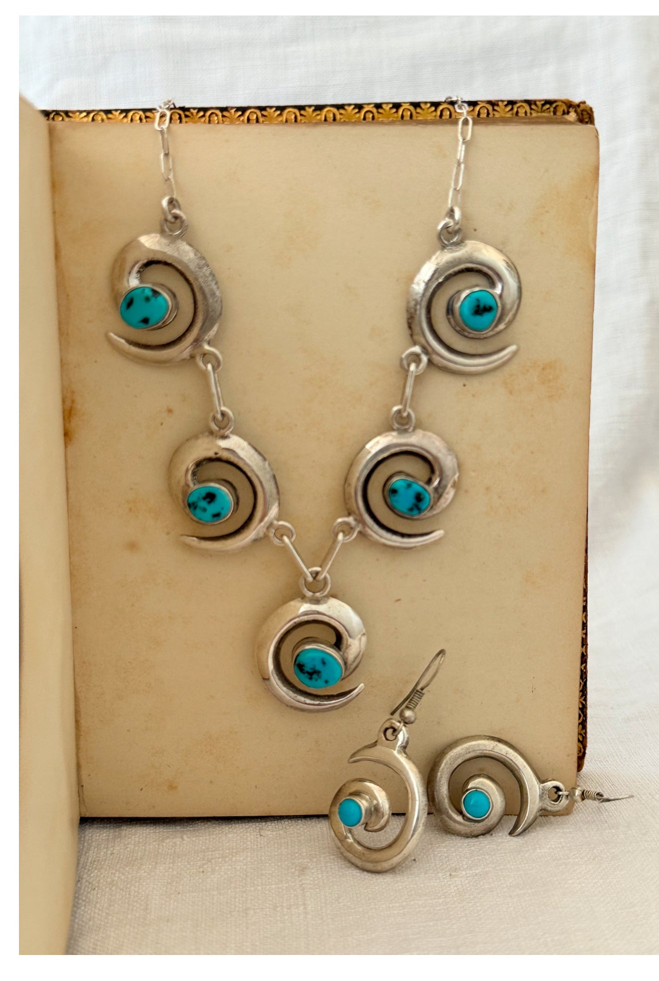 .1970s .925 artisan made designer Navajo silversmith turquoise silver swirl pattern necklace and designer Mildred Parkhurst earring set