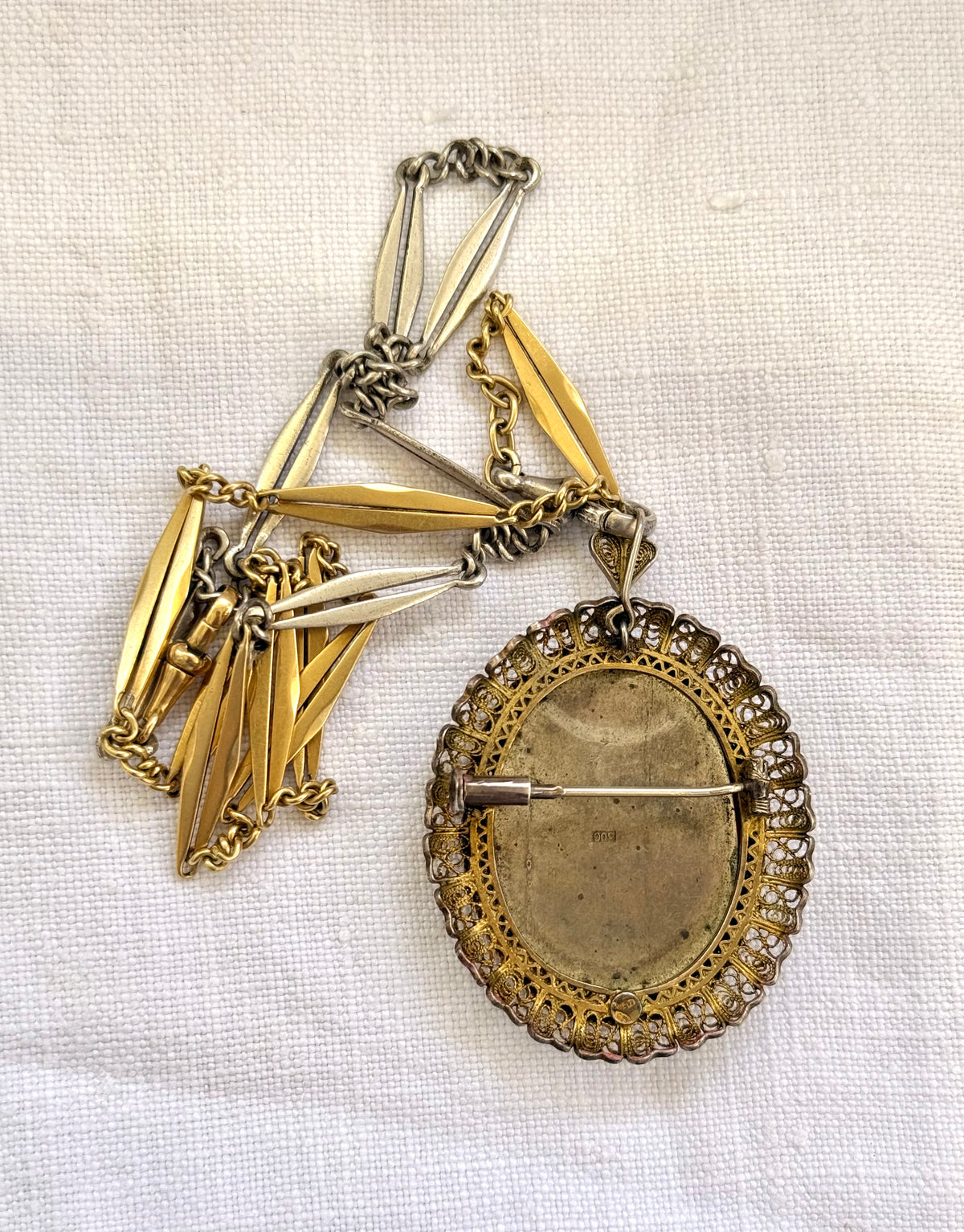 .1930s .1940s .800 Artist gold and silver incredible hand painted miniature Baroque revival portrait in fine silver filigree brooch and pendant