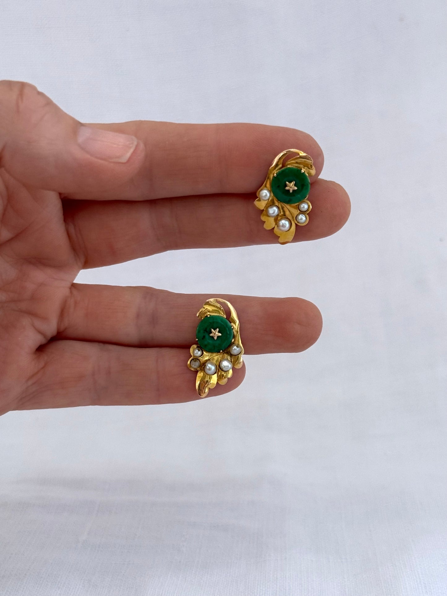 .14ct .1920s Apple Green Art Deco era Chinese Jade and pearl high yellow carat gold leaf earring with Apple green Jadeite star set seed pearl Chinese 1920s era antique high carat gold post stud earrings
