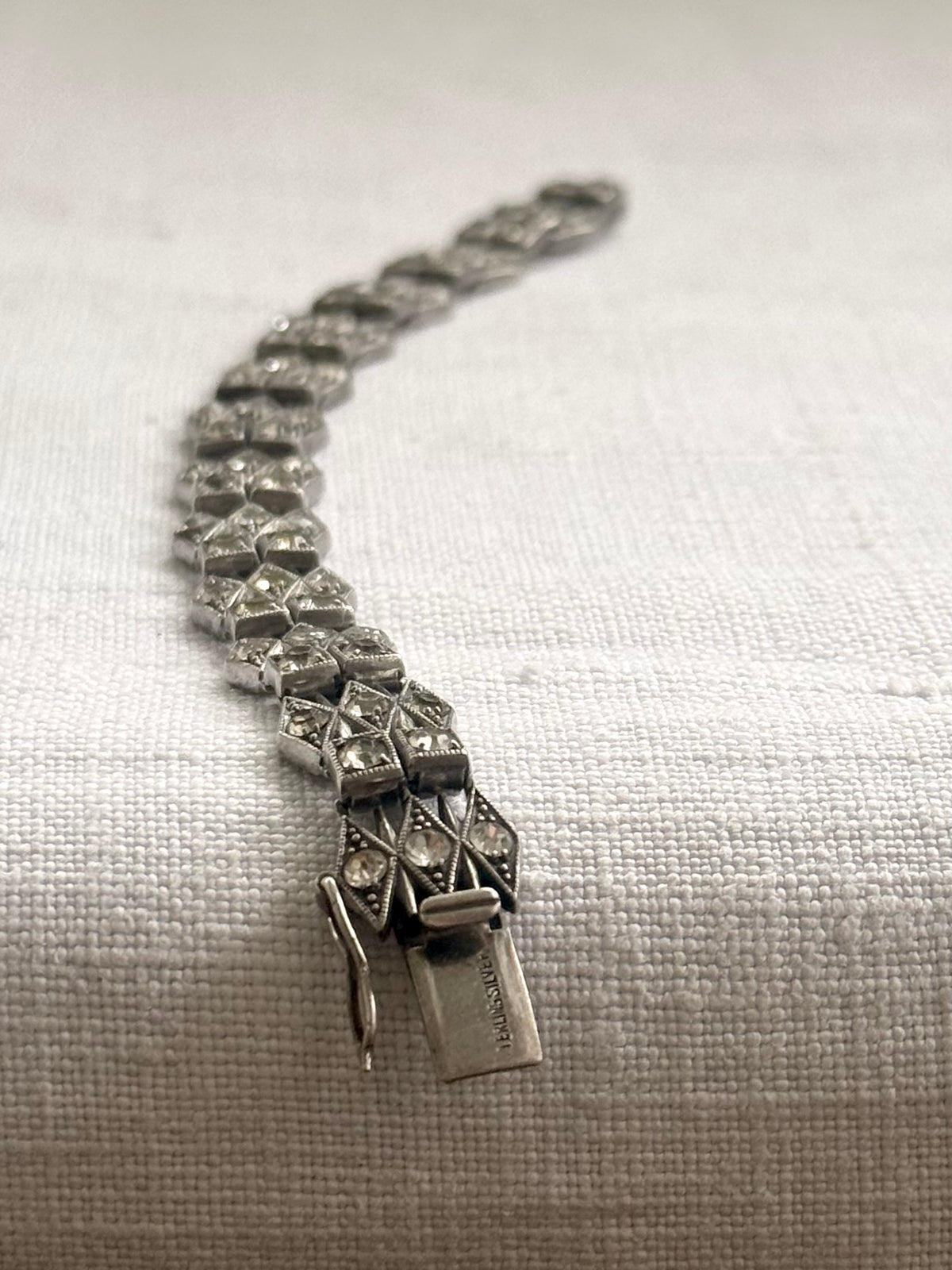 .1930s .1940s .925 Art Deco style diamond paste stone triple fancy link tennis style sterling silver tennis clasp bracelet
