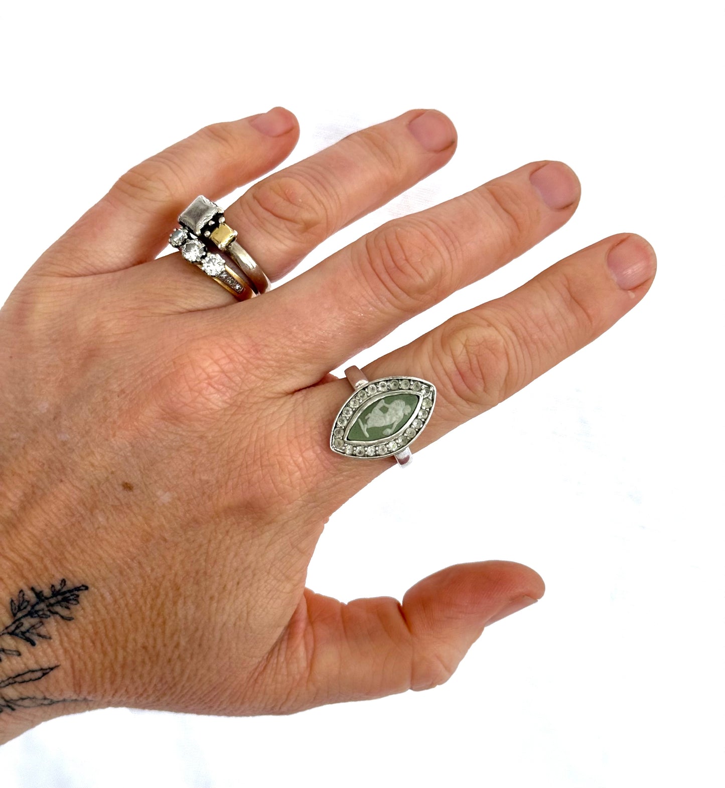 .1970s .925 dancing dame Grecian style moss green Jasperware high relief Wedgwood cameo set into modernist clear gemstone naiveté sterling silver dress ring