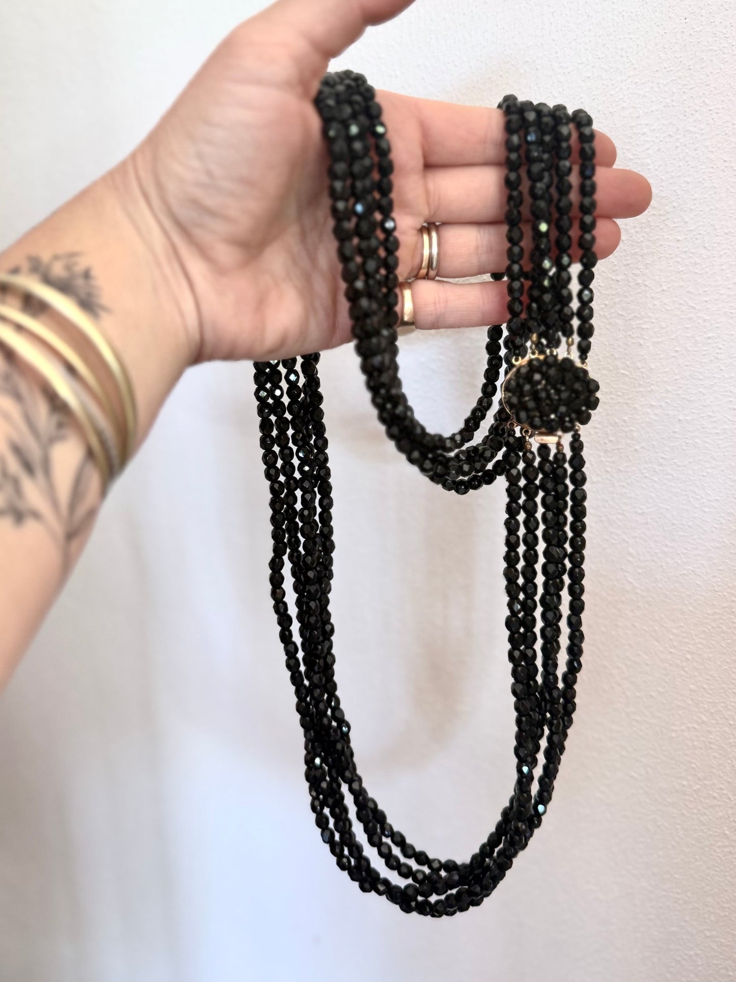 .1940s 1950s .5 strand .96cm long glamorous jet black faceted glass bead multi strand long cocktail necklace