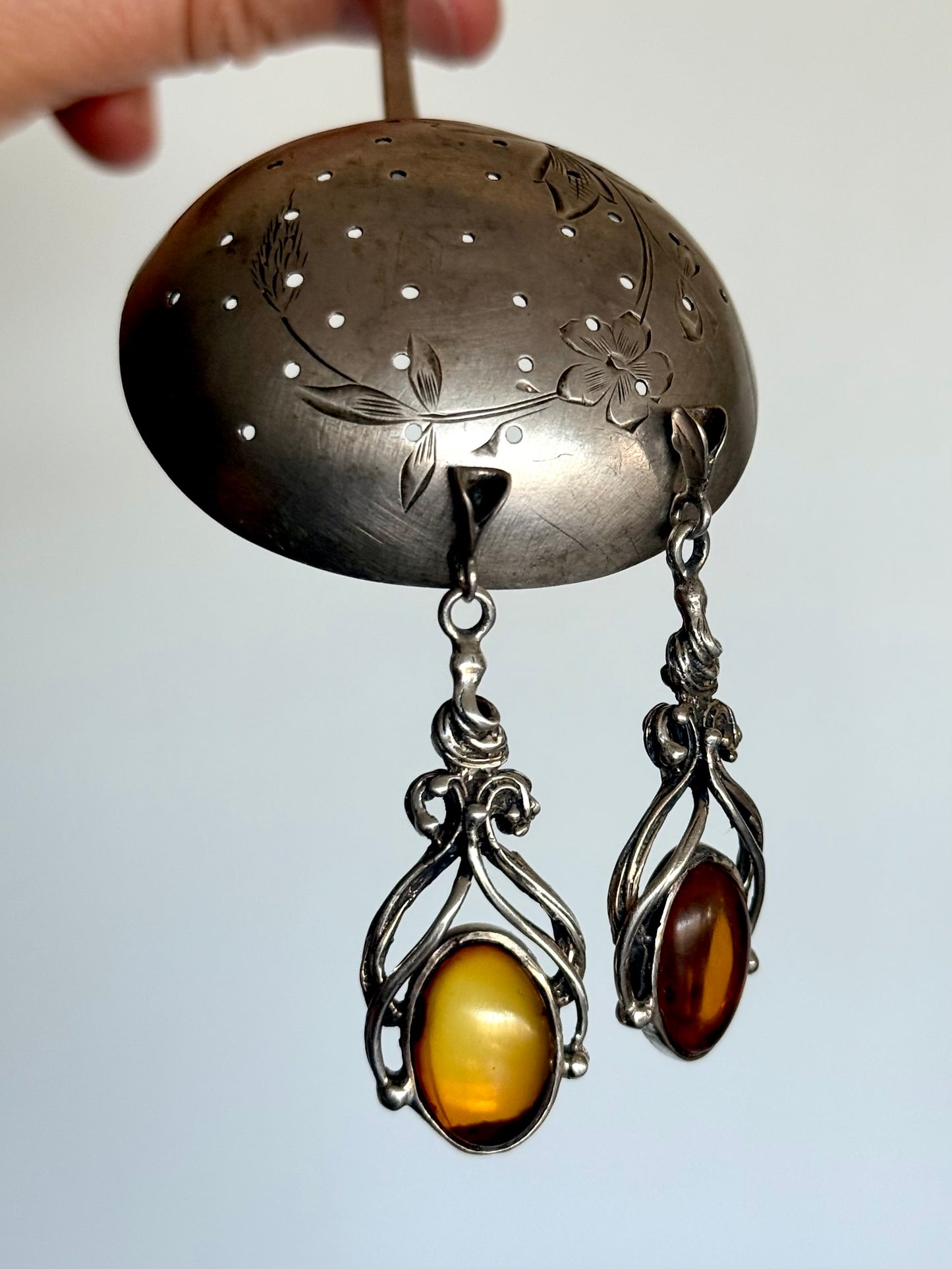 .925 Baltic Amber gemstone romantic antique revival sterling silver drop dangle earrings