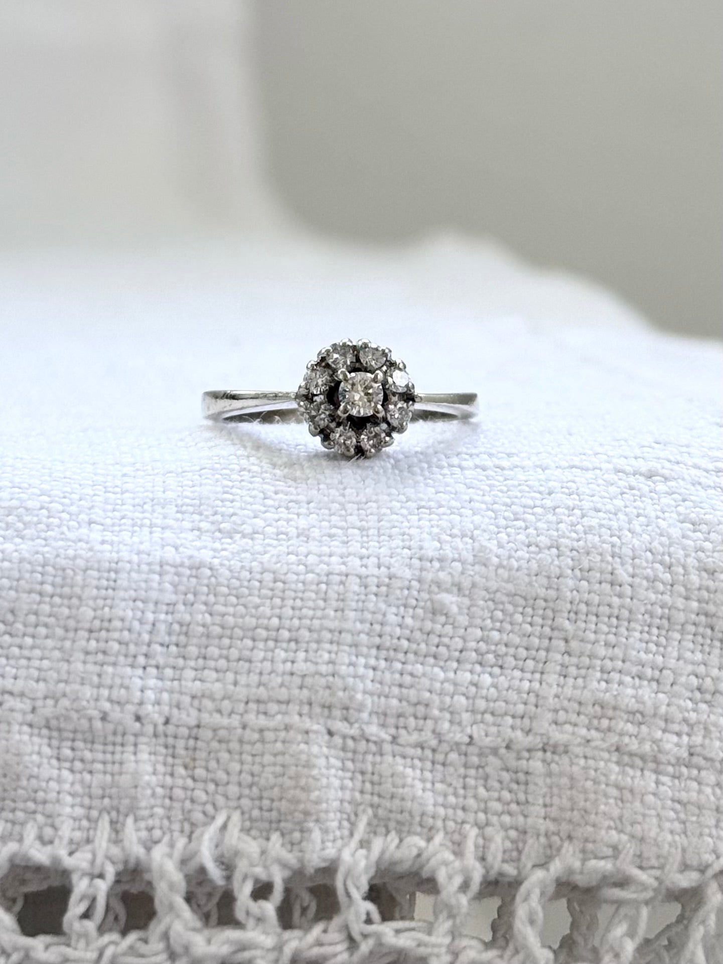 .18ct .1950s .1970s .9 diamond .750 white gold Diamond cluster flower floret halo diamond heirloom diamond gold commitment ring engagement ring