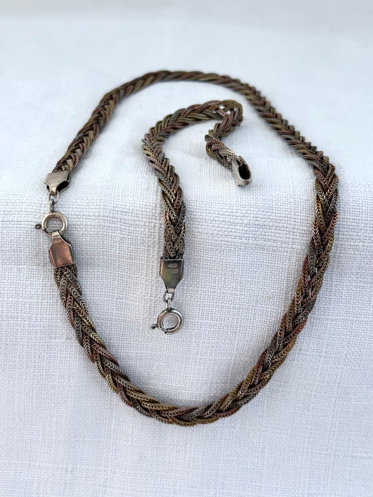 .1970s .925 trinity tri colour silver gold weave necklace and bracelet jewellery set unit