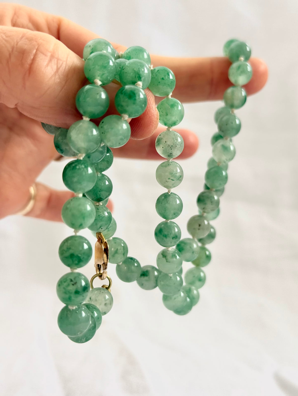 .375 .9ct gold and natural Aventurine “old Jade” long luxurious gemstone bead necklace