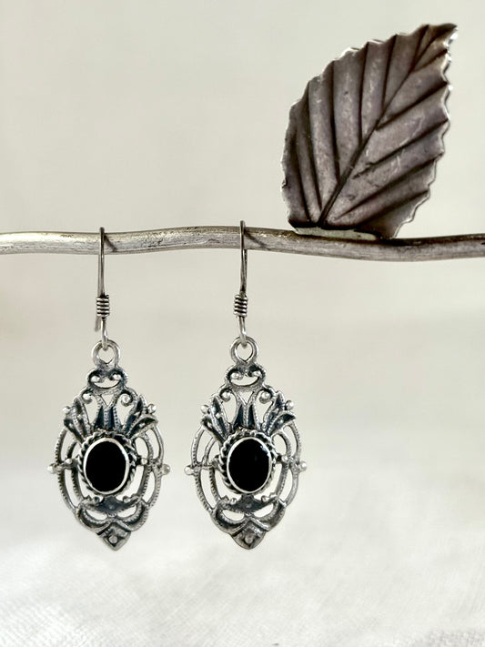 .925 boho filigree open work dangle onyx gemstone sterling silver romantic drop earrings