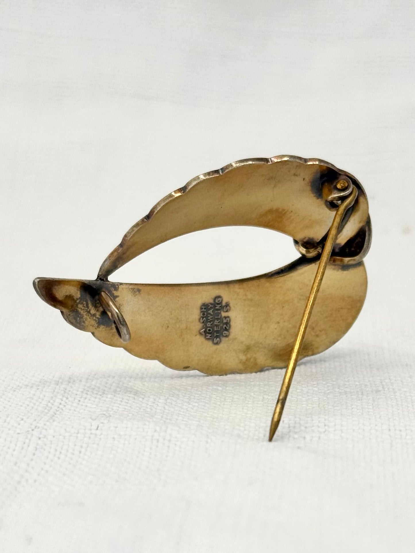 .1940s .925 Albert Scharning Norway silver and ice white guilloche enamel Viking leaf Scandinavian mid century modern designer brooch pin