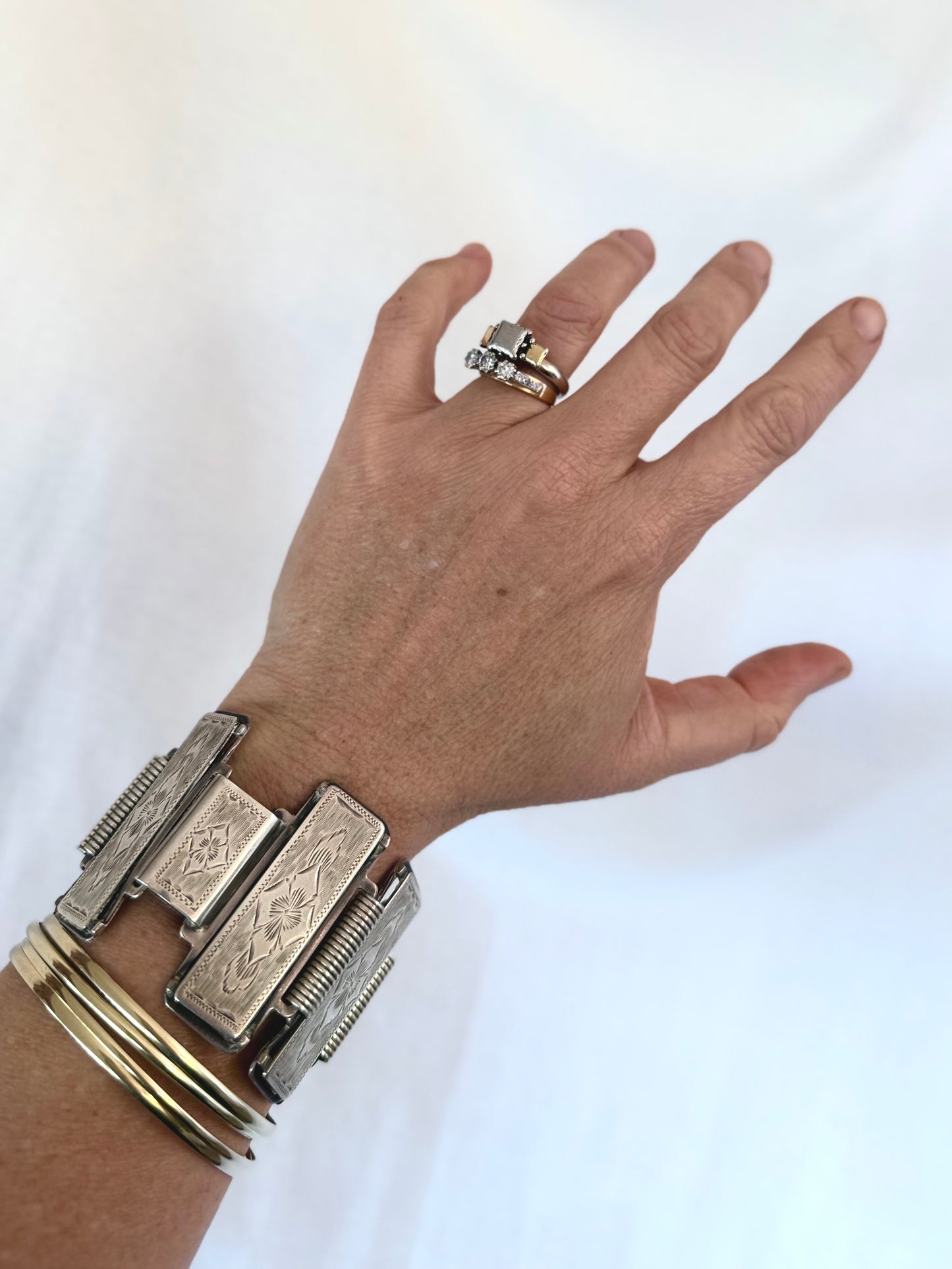 .1880s .1890s .925 Aesthetic Victorian era wide link and solid silver etched panel bracelet