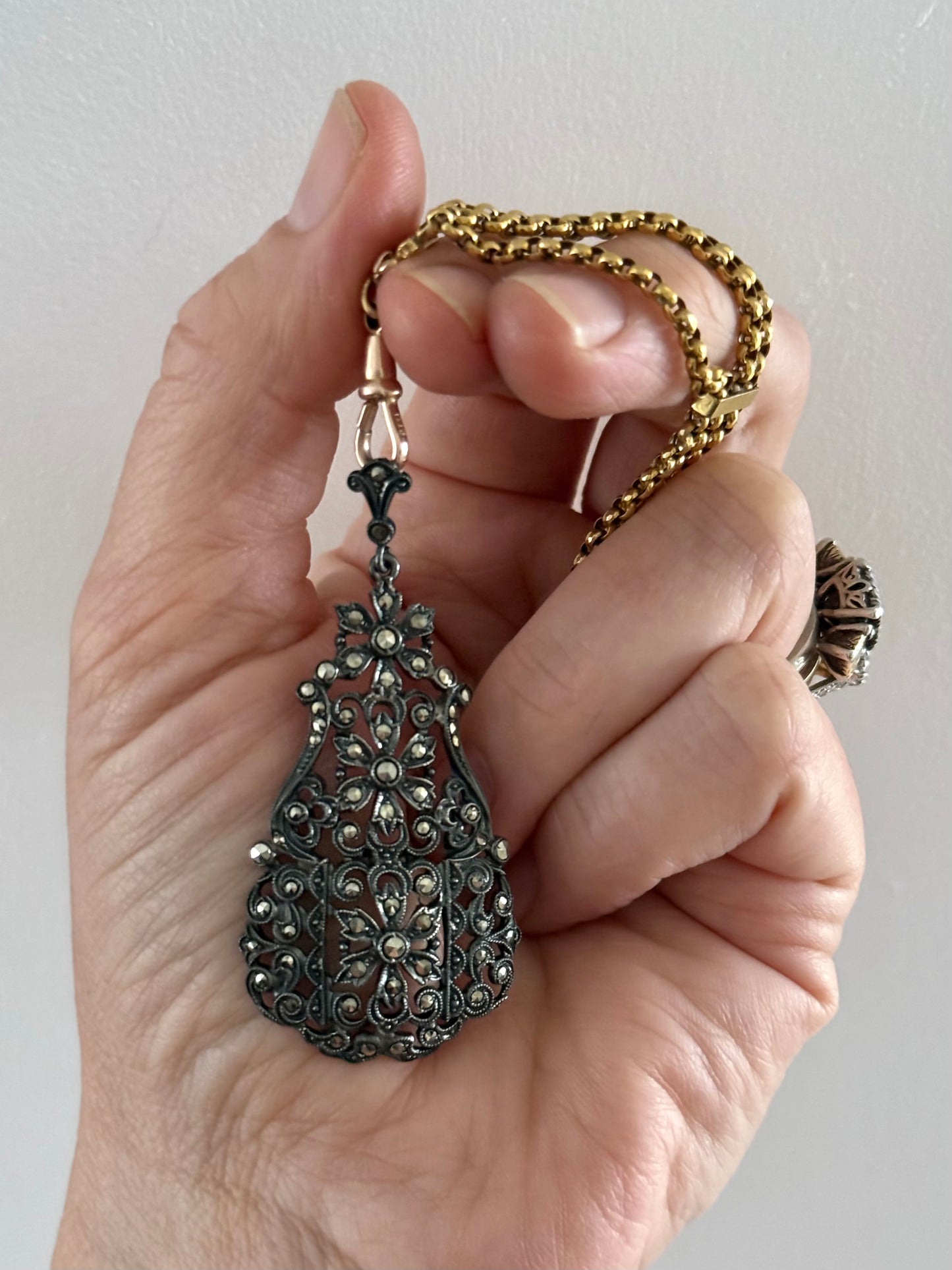 .935 1910s Art Nouveau German Jugendstil Edwardian era high grade silver and marcasite floral drop pendant