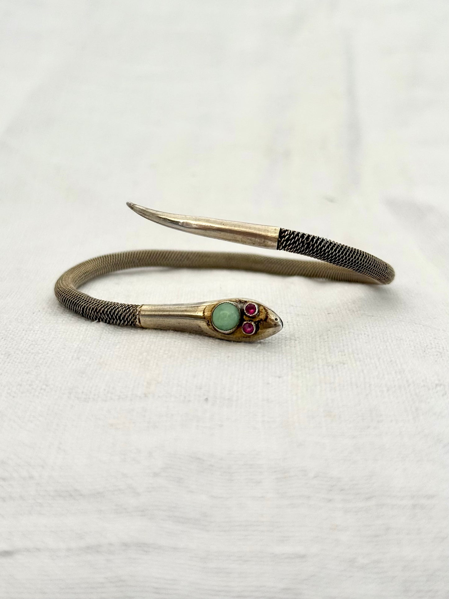 .1920s .1930s antique Victorian revival silver Snake Serpent and Chrysoprase Ruby gemstone head bangle