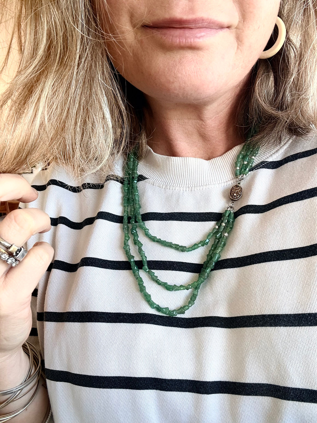 .1920s .1930s .1940s Chinese Aventurine “old Jade” Multi strand hand carved silver bamboo link export silver box clasp collectors necklace