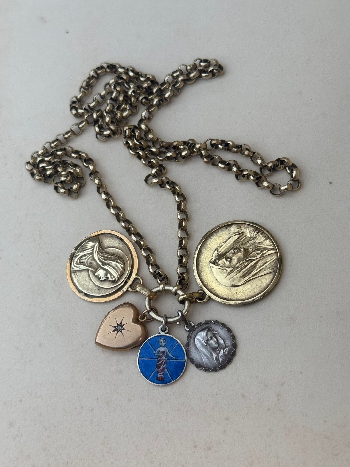 1900s .1930s Gold Fill Religious Holy Virgin Mother Maria French Lourdes Roman Catholic signed medallion token pendant